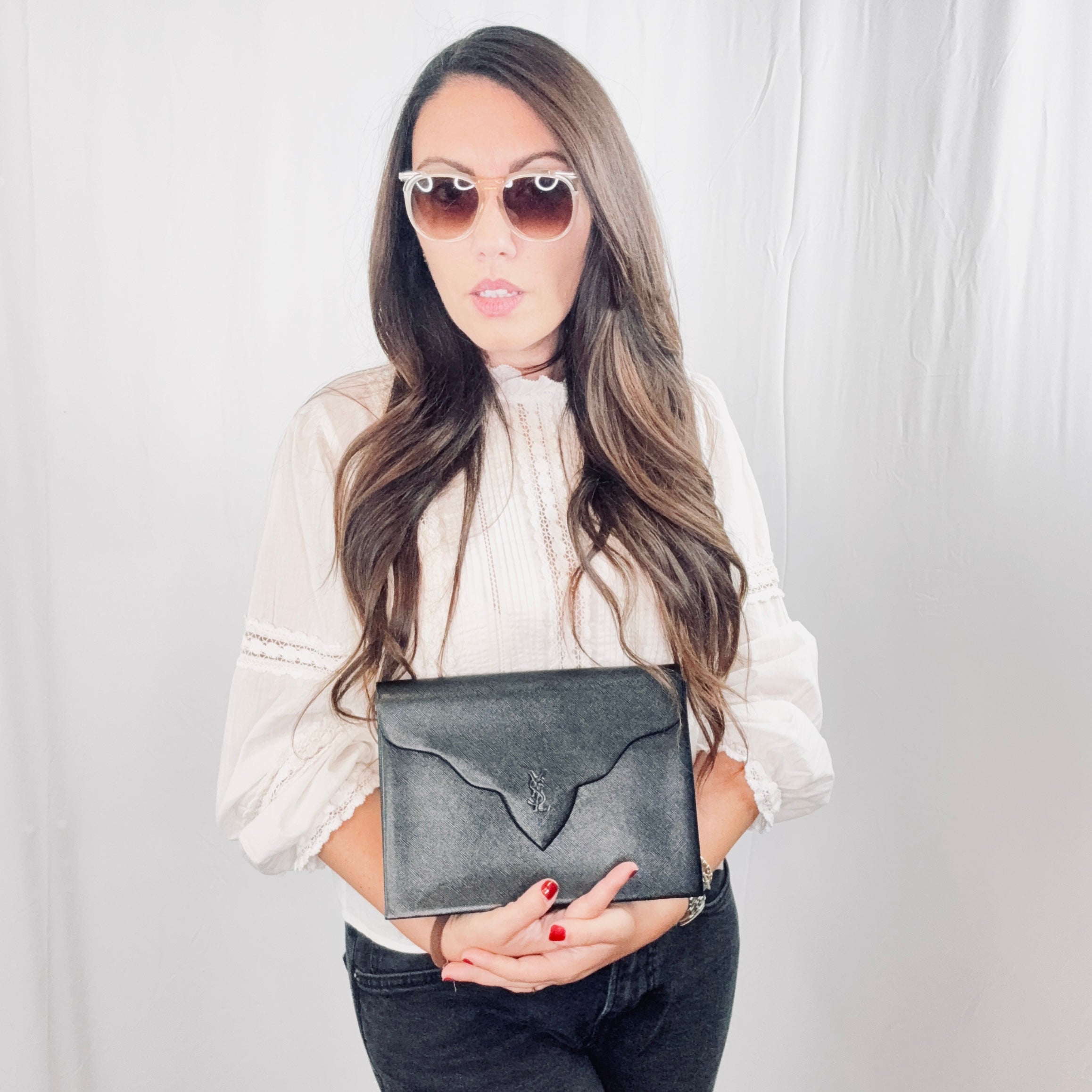 Yves Saint Laurent Vintage Black Leather YSL Logo Flap Clutch Purse