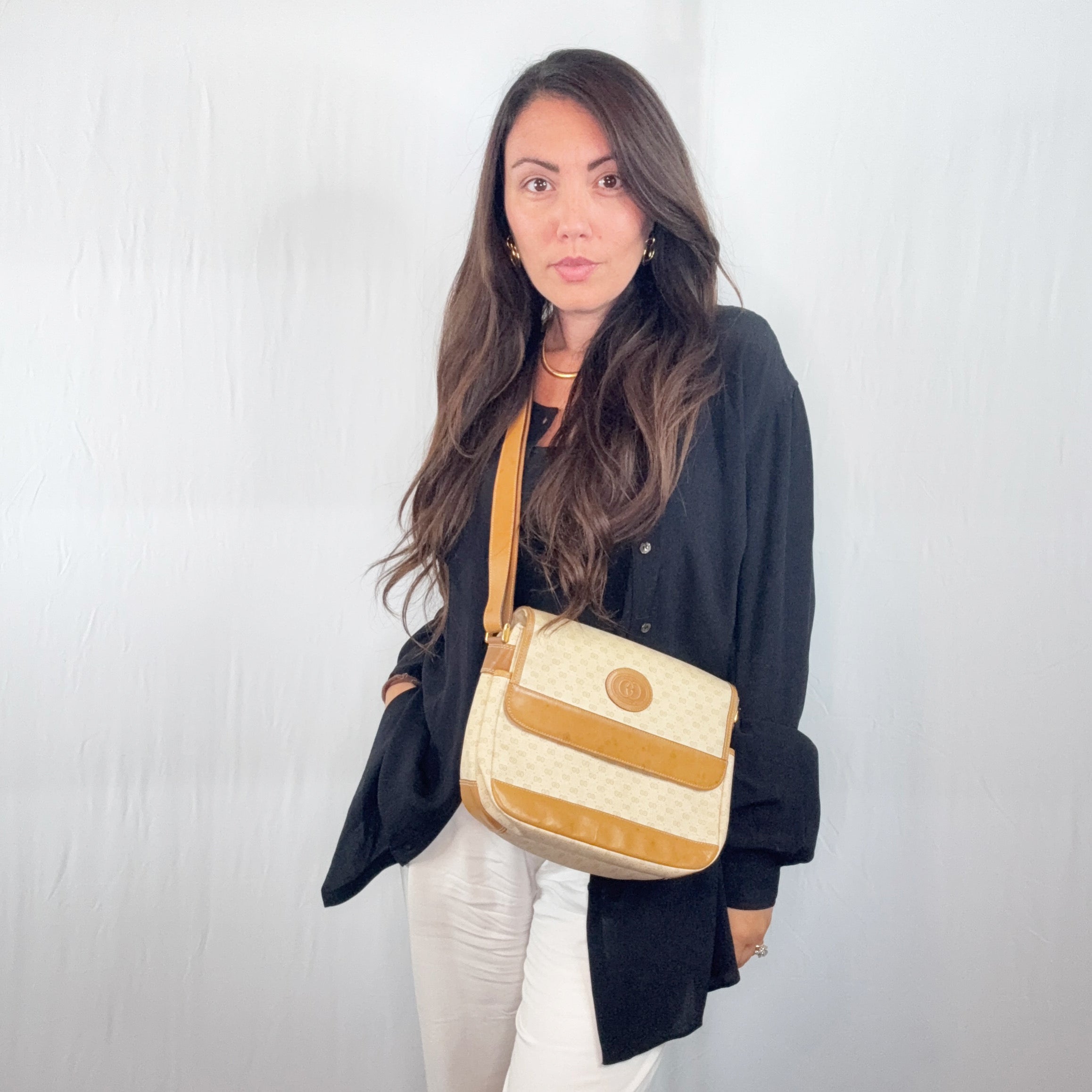 Gucci Vintage Light Beige Monogram Canvas Flap Shoulder Bag