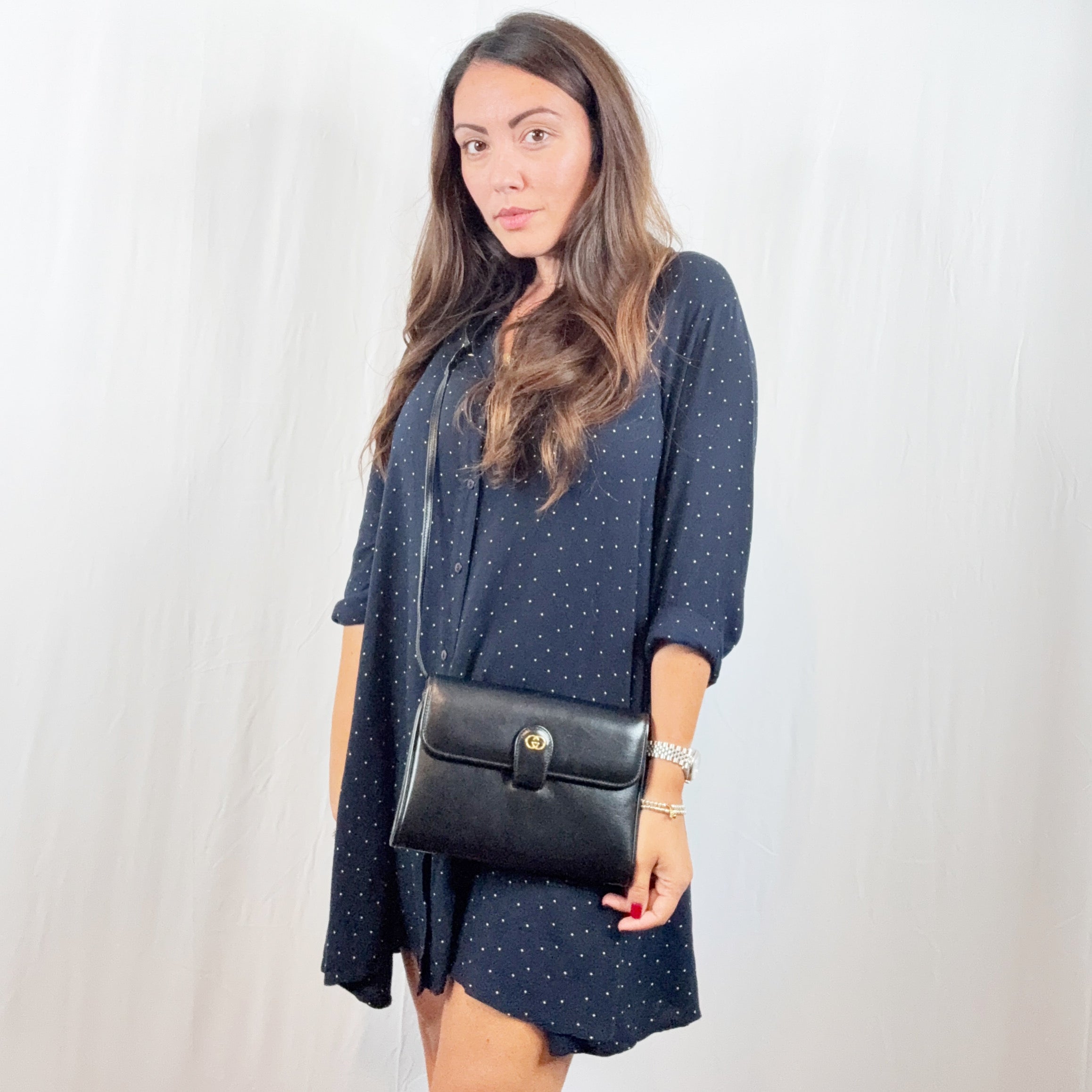 Gucci Vintage Black Leather Convertible Bag Clutch Shoulder Bag
