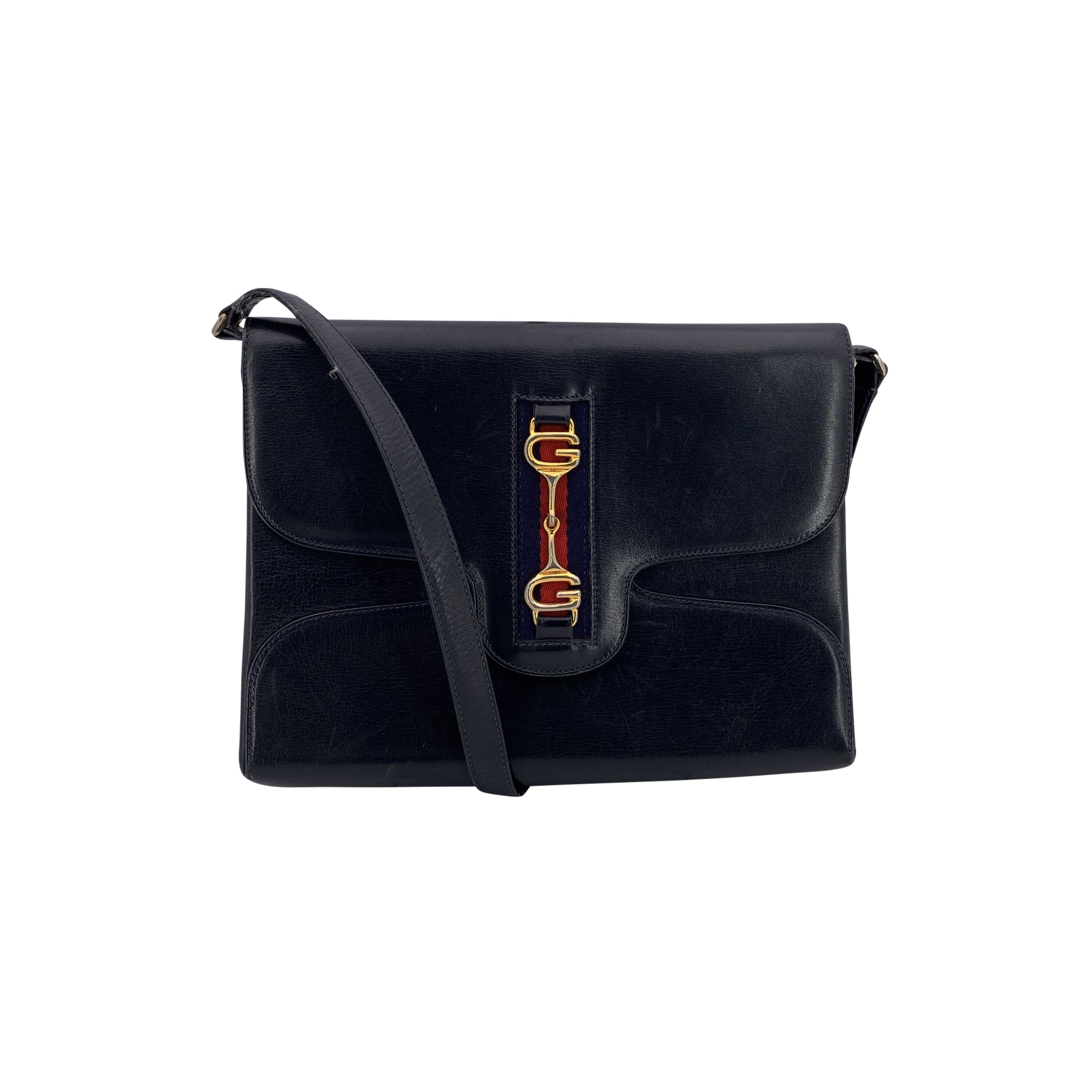 Gucci Vintage Navy Blue Leather GG Horsebit Web Flap Shoulder Bag