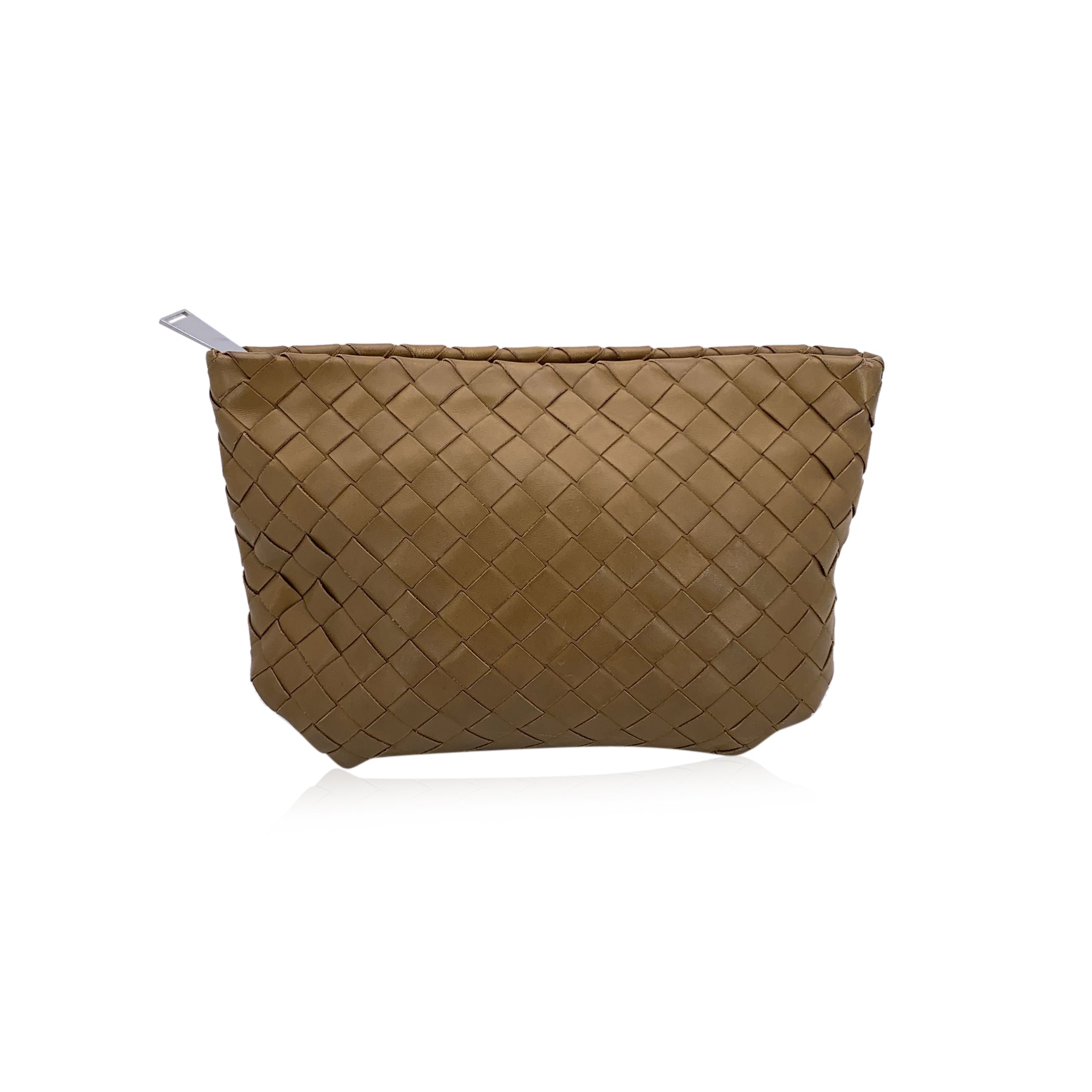 Bottega Veneta Beige Intrecciato Leather Zip Pouch Clutch Pochette