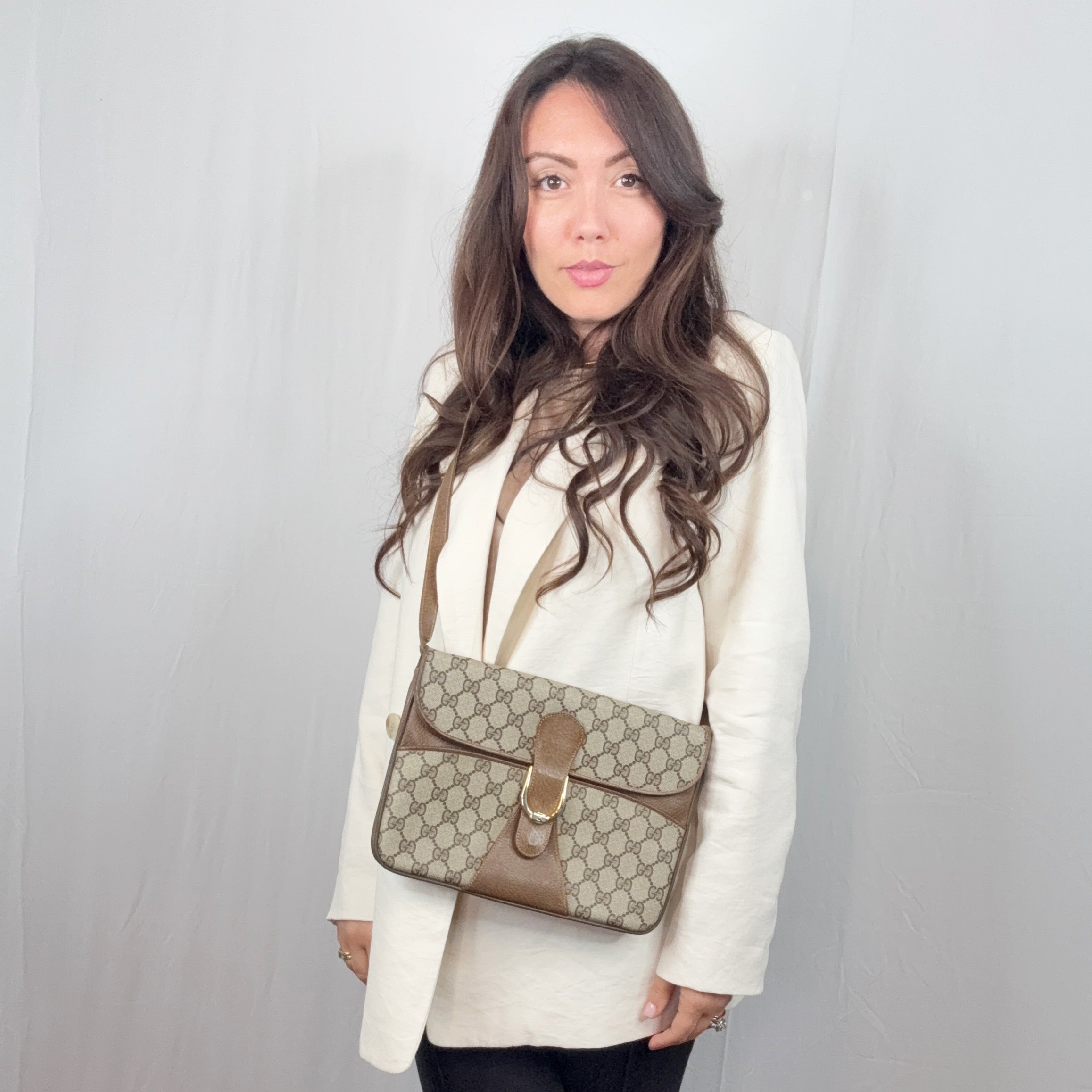 Gucci Vintage Beige Monogram Canvas and Leather Shoulder Bag