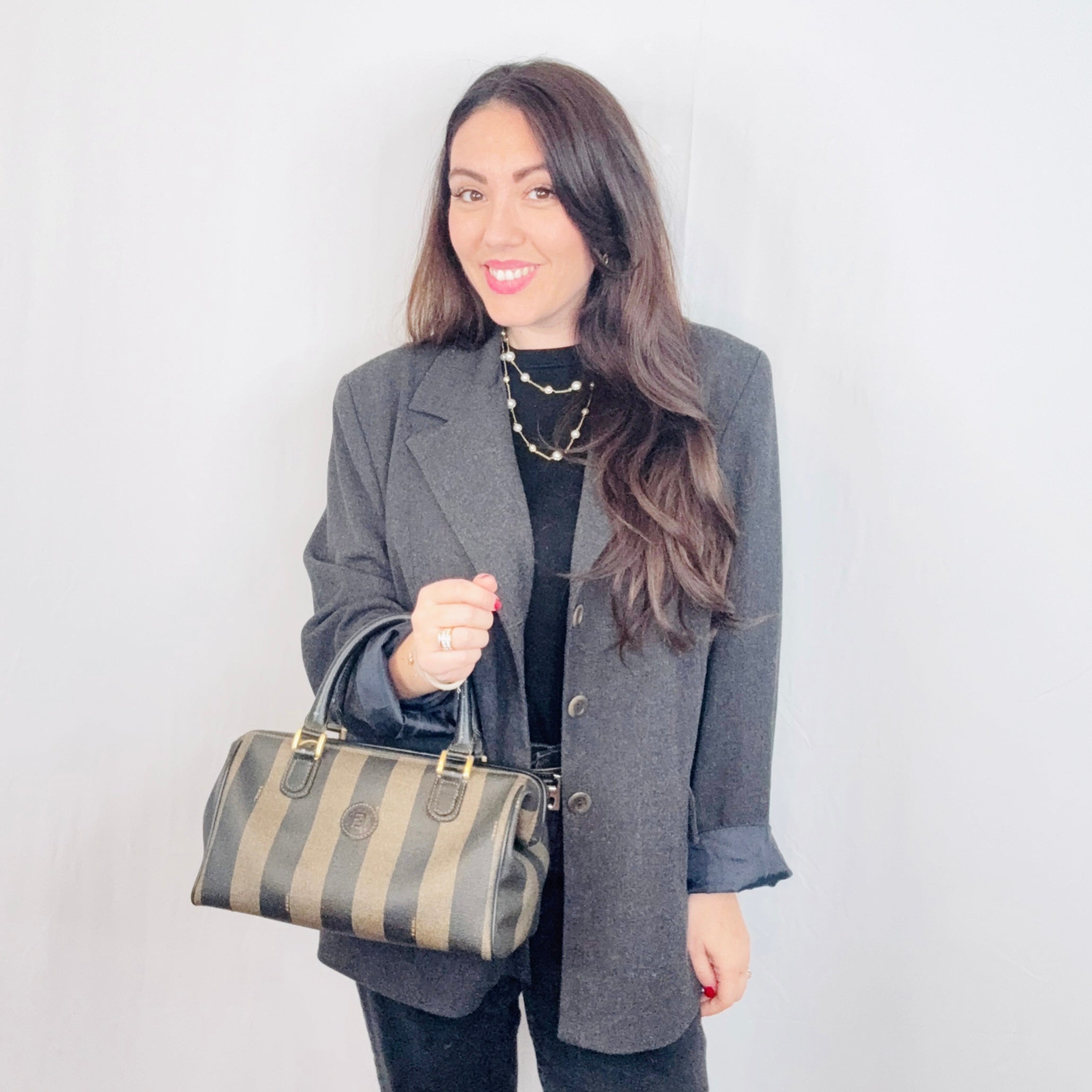 Fendi Vintage Pequin Gestreifte Canvas Kleine Boston Tasche Schwarz