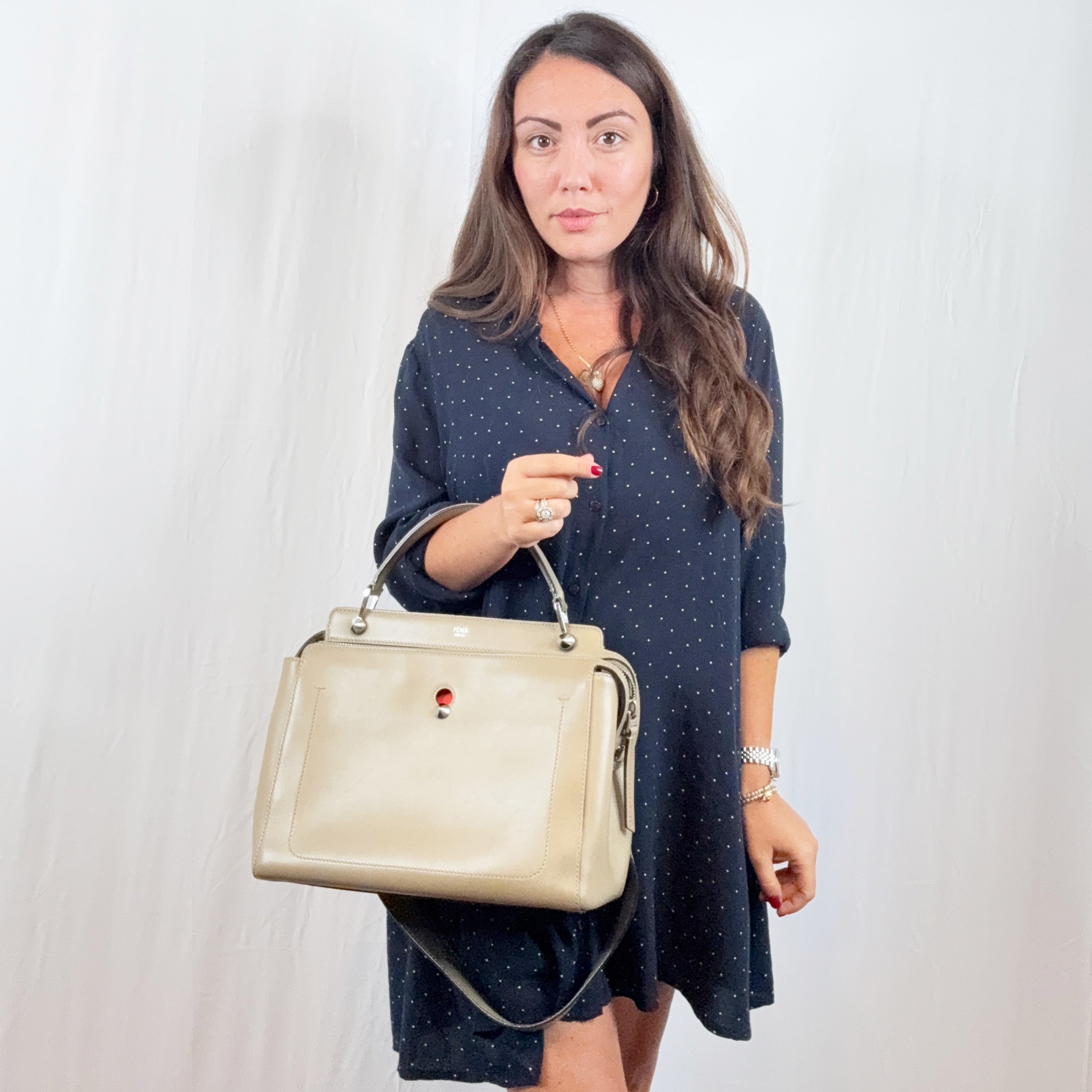 Fendi Taupe Leather DotCom 2 Way Tote Handbag with Shoulder Strap