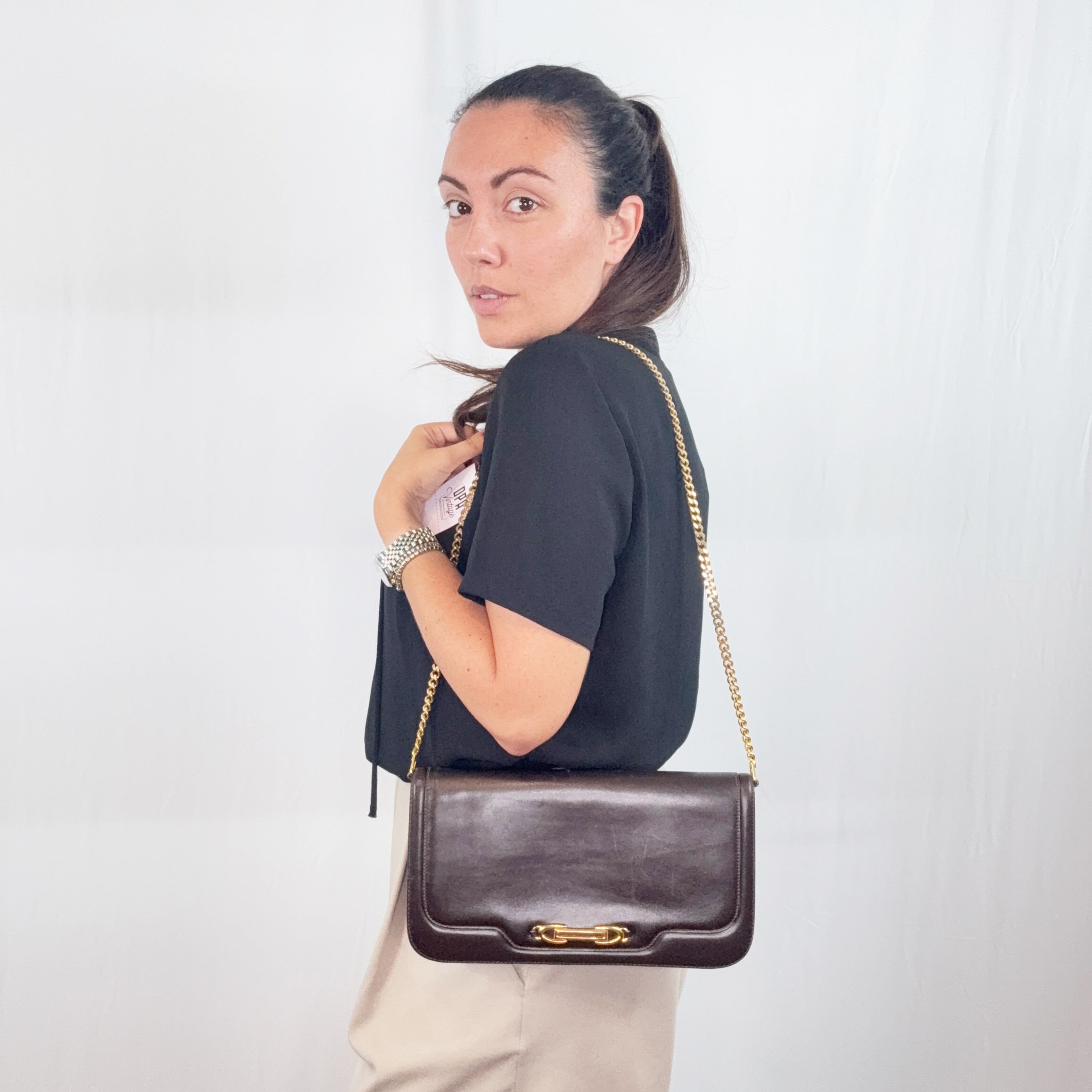 Gucci Vintage Brown Leather Convertible Shoulder Bag with Chain