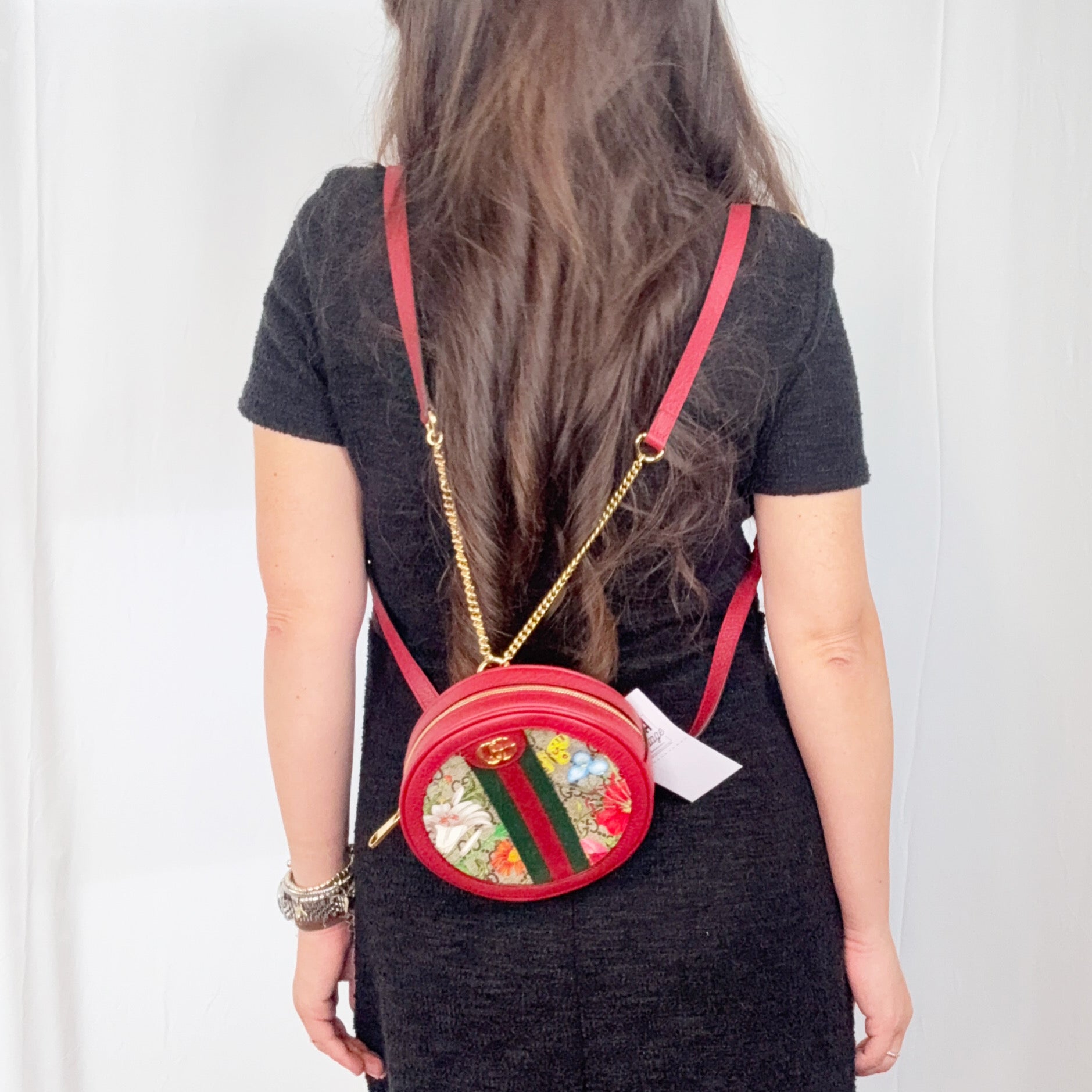Gucci Monogram Canvas Flora Round Ophidia Mini Backpack Bag Red