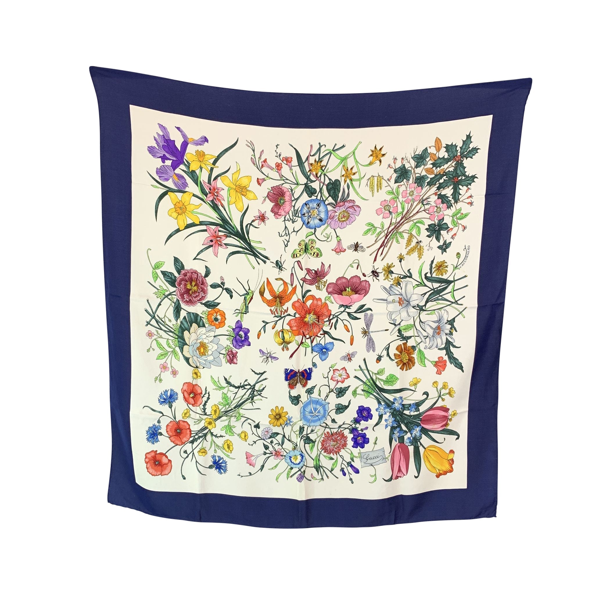 Gucci Vintage Blue Floral Silk Scarf Flora 1966 Accornero