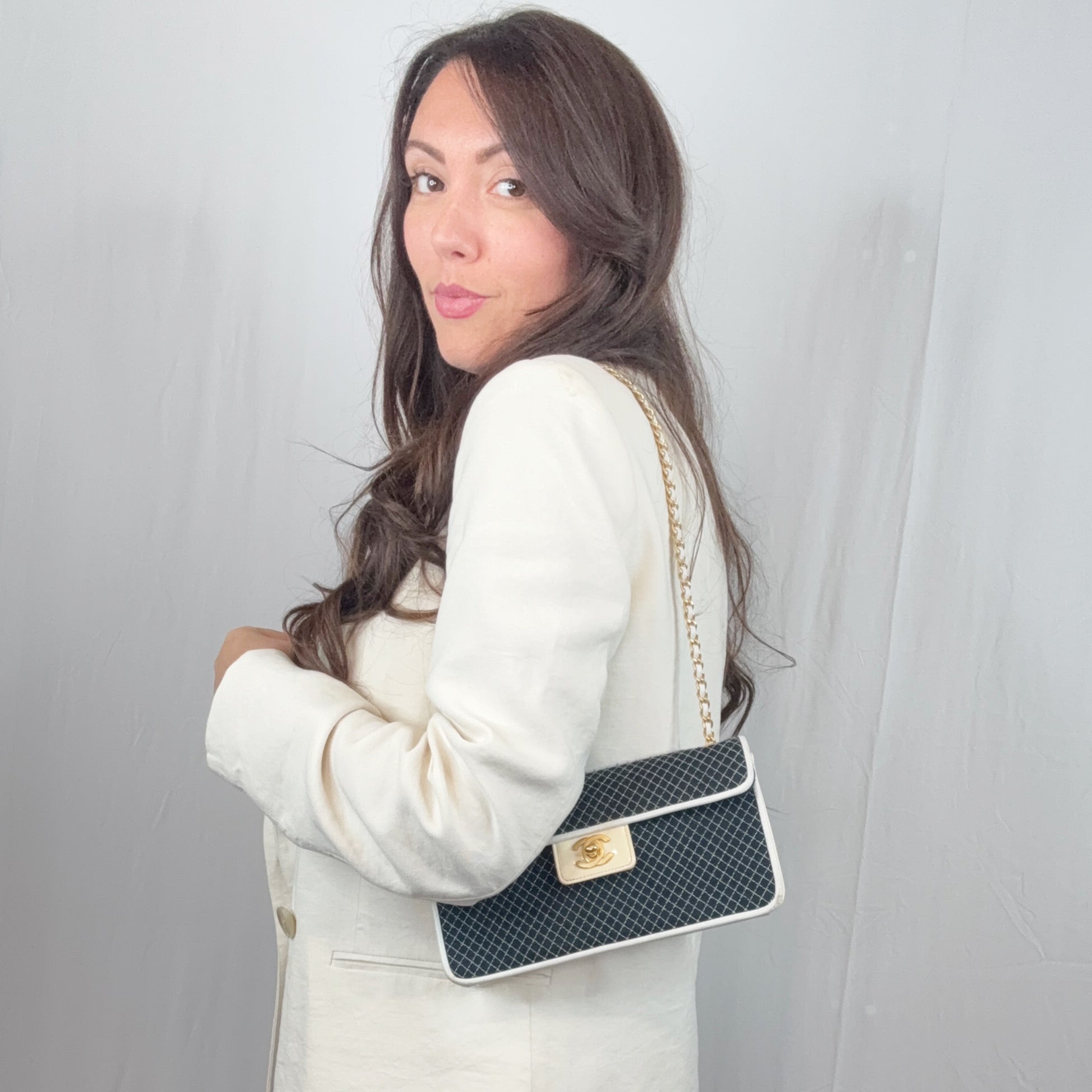 Chanel Vintage Blue Whited Quilted Jersey Small East West Flap Bag