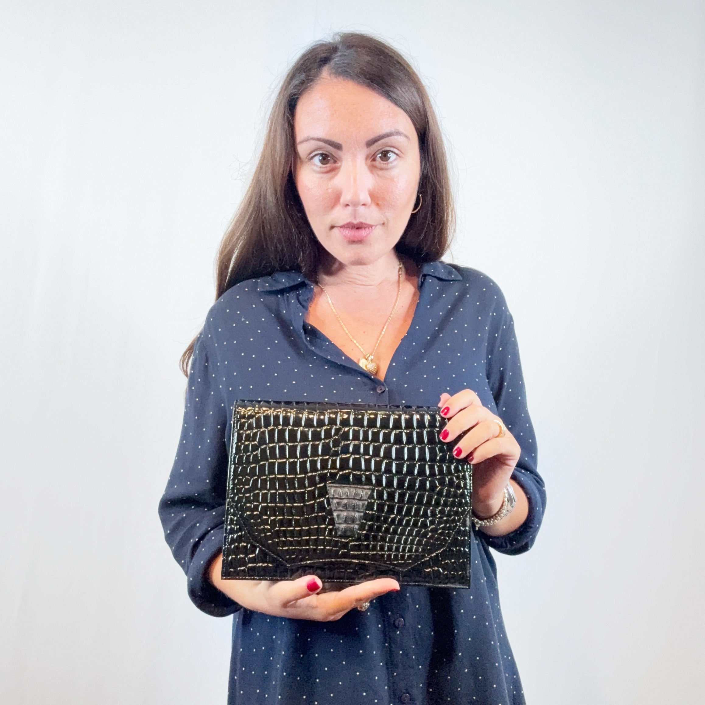 Yves Saint Laurent Vintage Black Embossed Patent Leather Clutch Bag