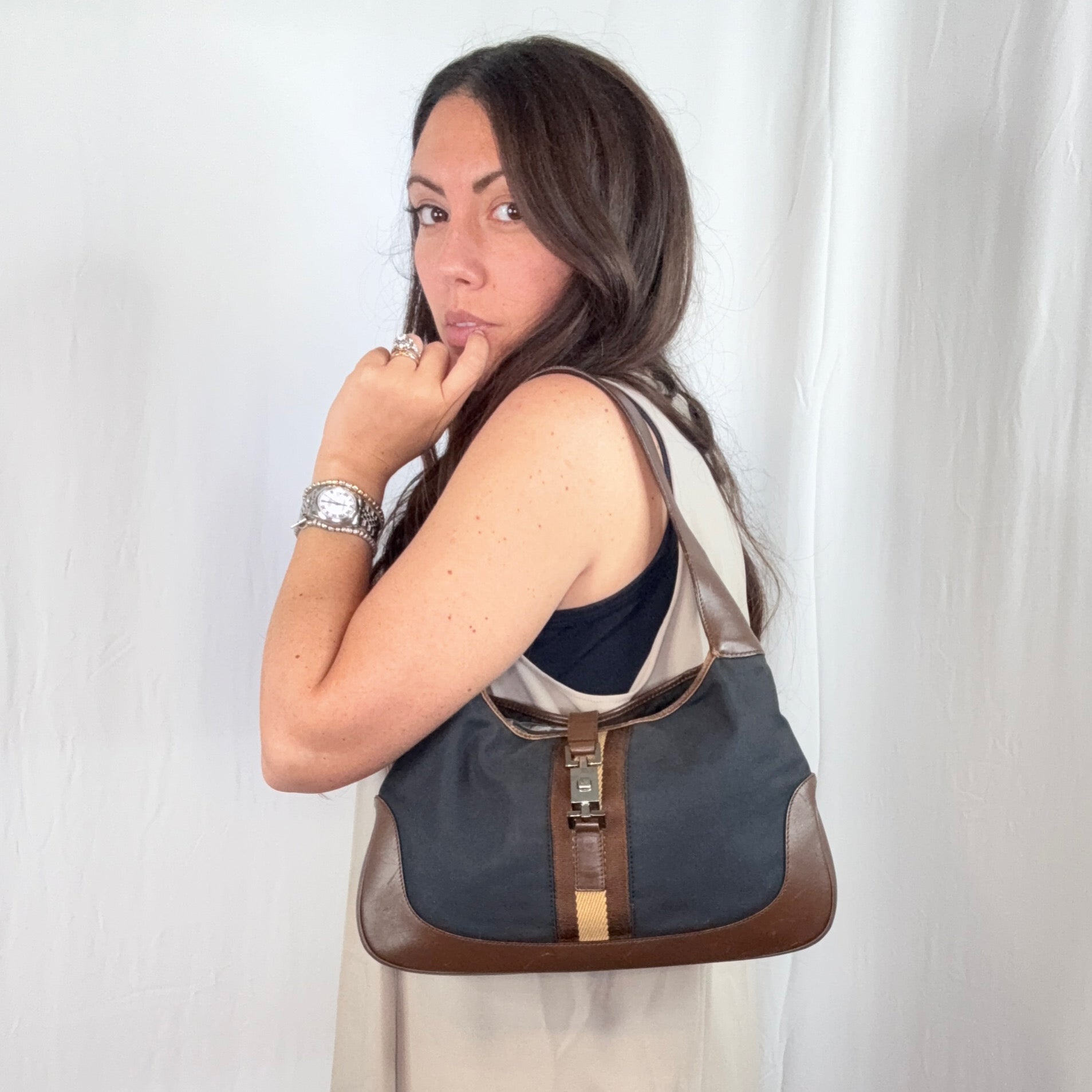Gucci Black Canvas Brown Leather Jackie Hobo Bag Handbag