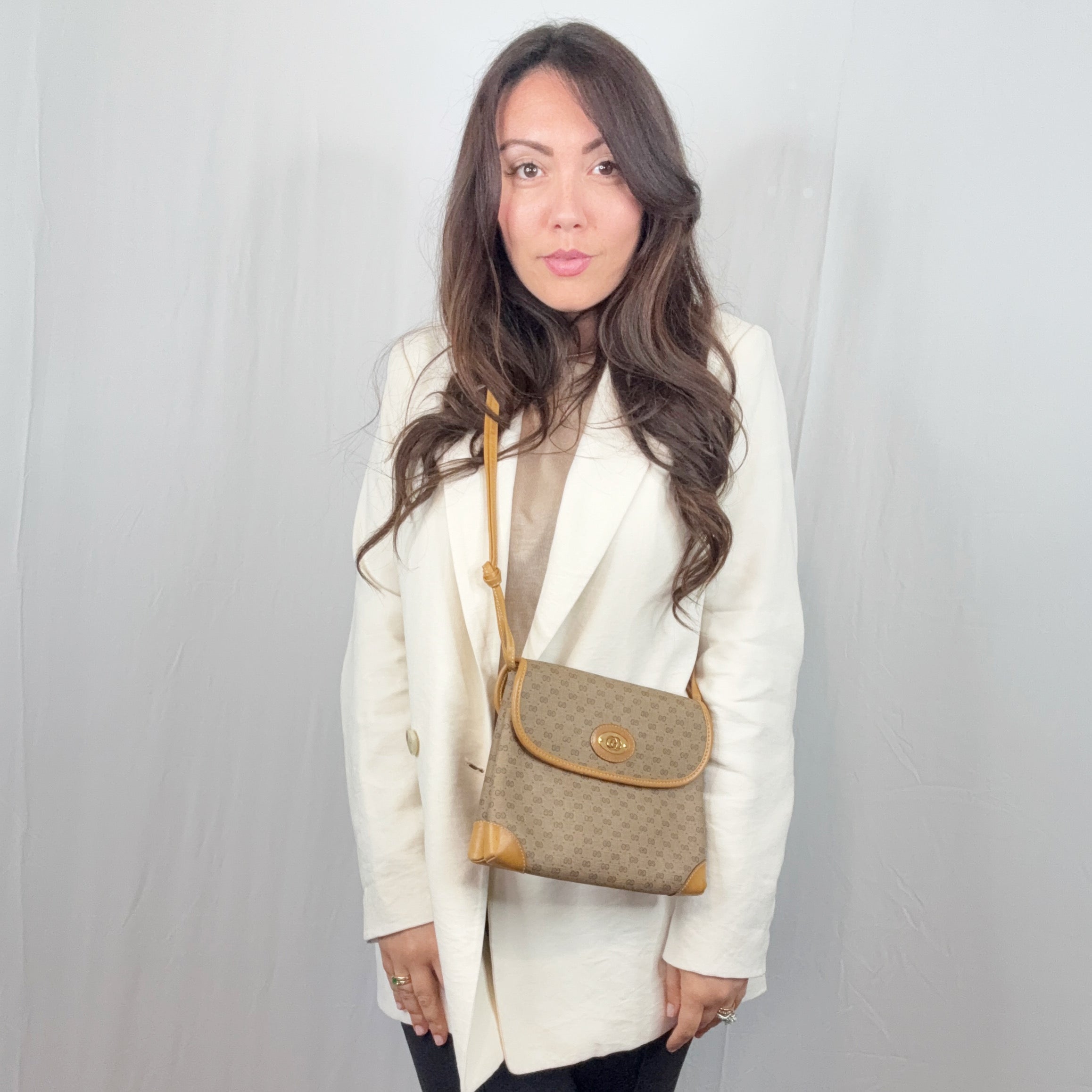 Gucci Vintage Beige Monogram Canvas Leather Small Flap Shoulder Bag