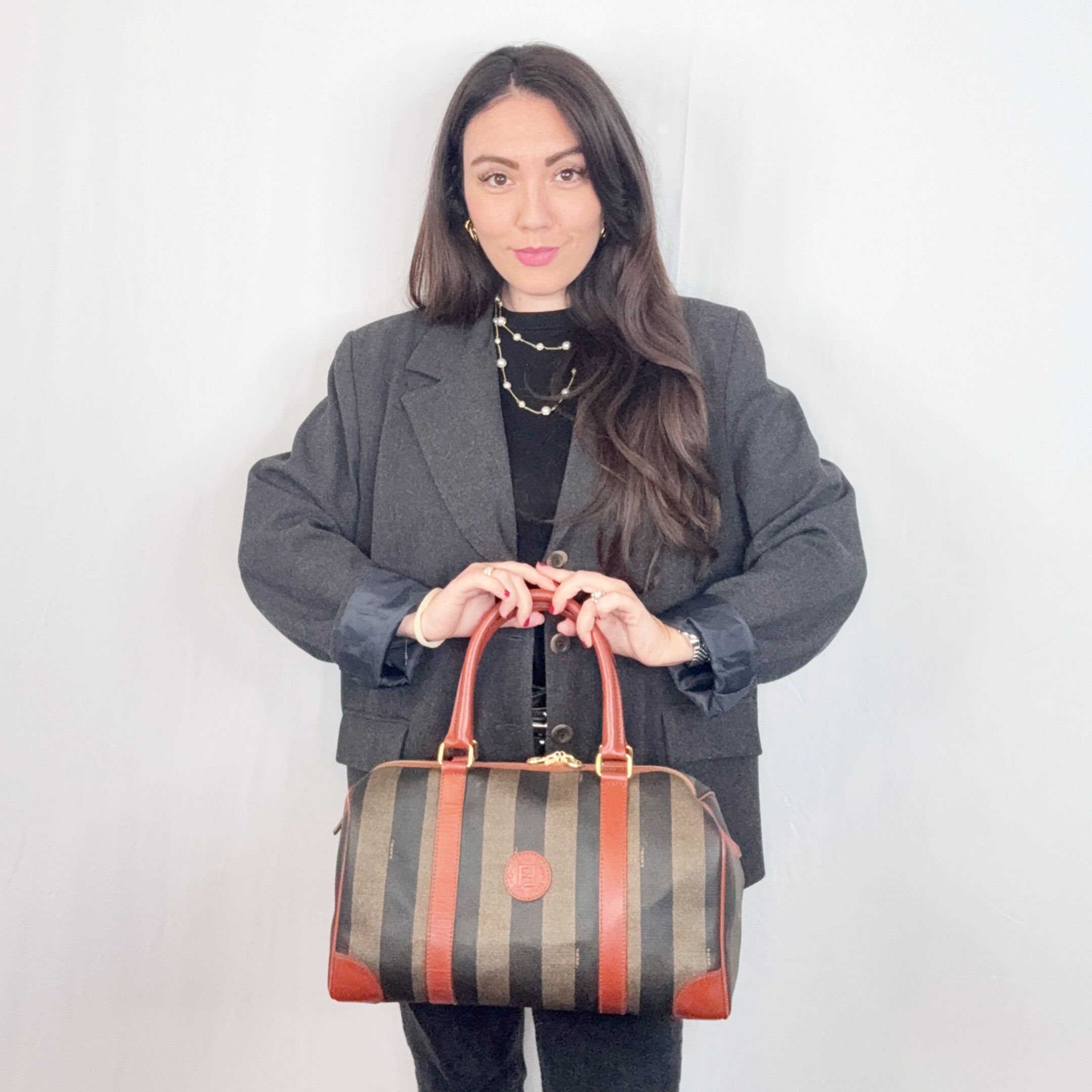 Fendi Vintage Pequin Striped Canvas Brown Leather Boston Bag