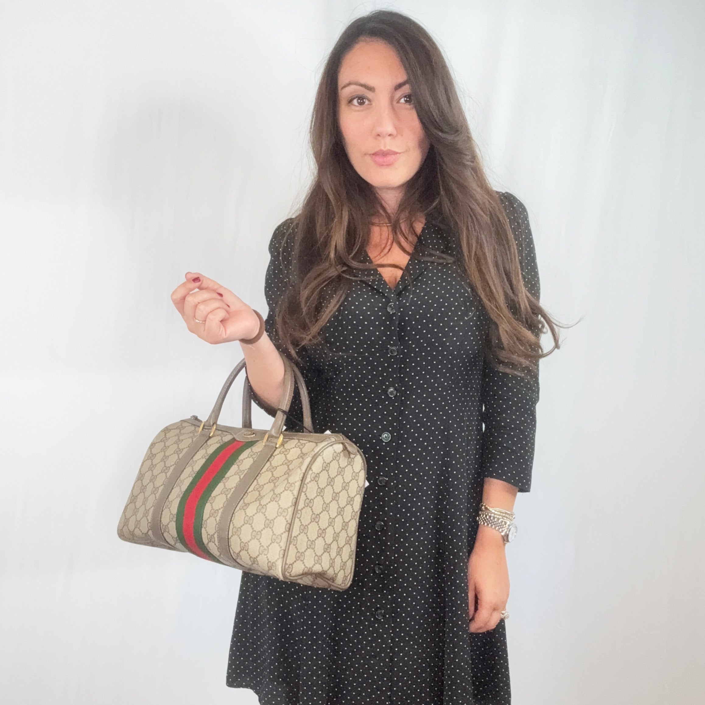 Gucci Vintage Brown Suede Web Stripes Boston Bag Handbag