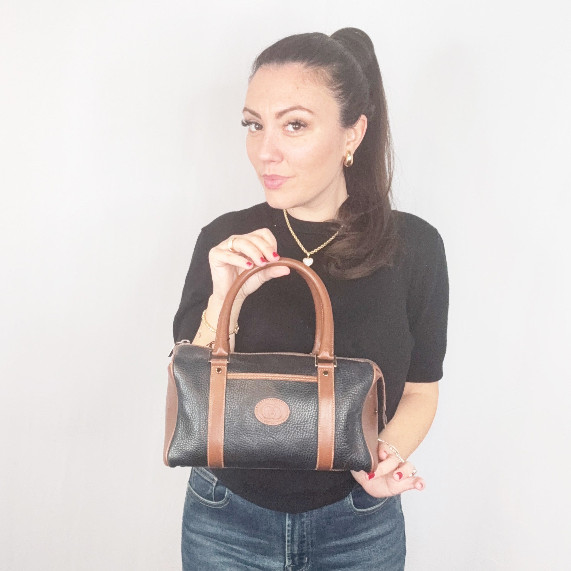 Gucci Vintage Braune und schwarze Lederhandtasche Boston Bag