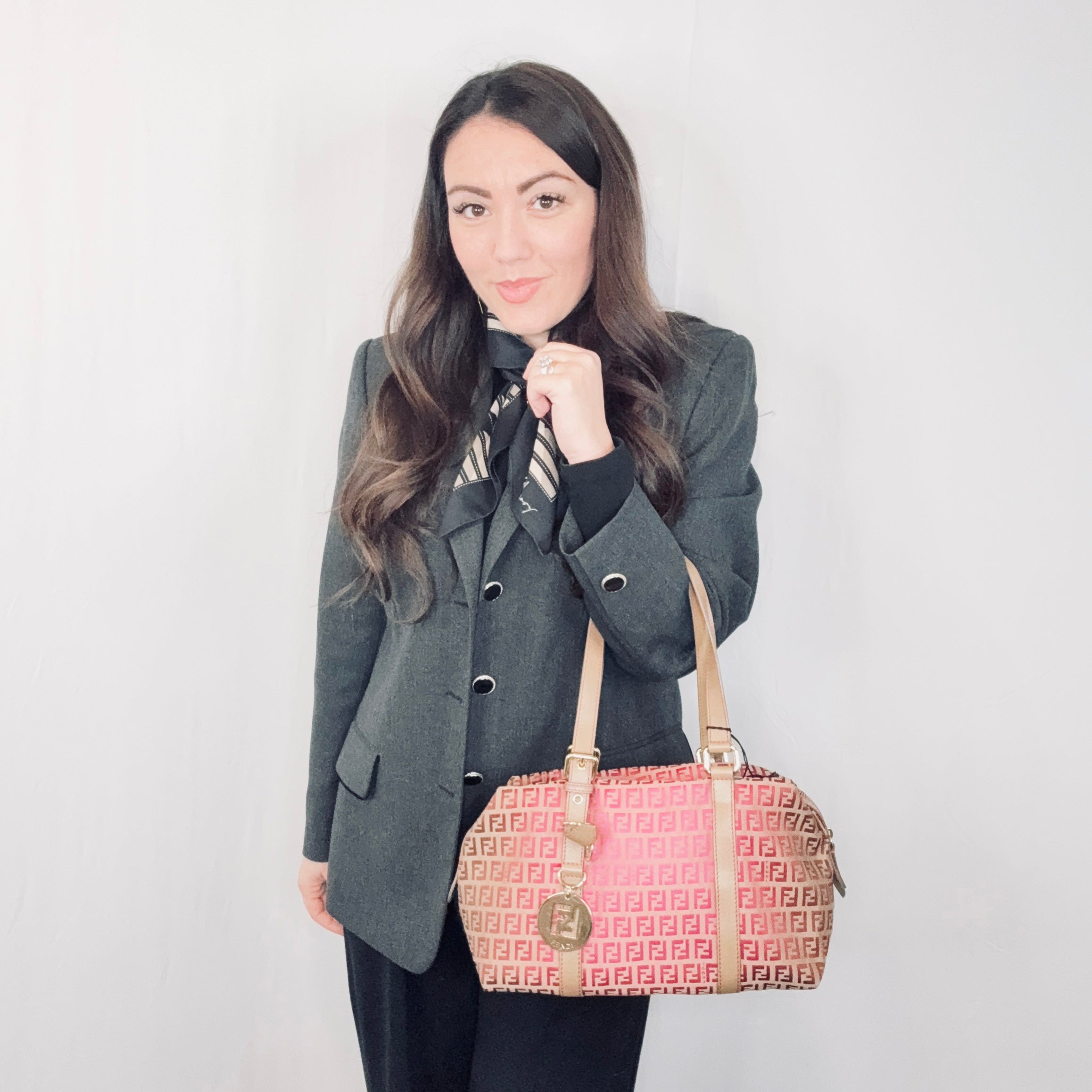 Fendi Pink Brown Monogram Zucchino Canvas Boston Shoulder Bag