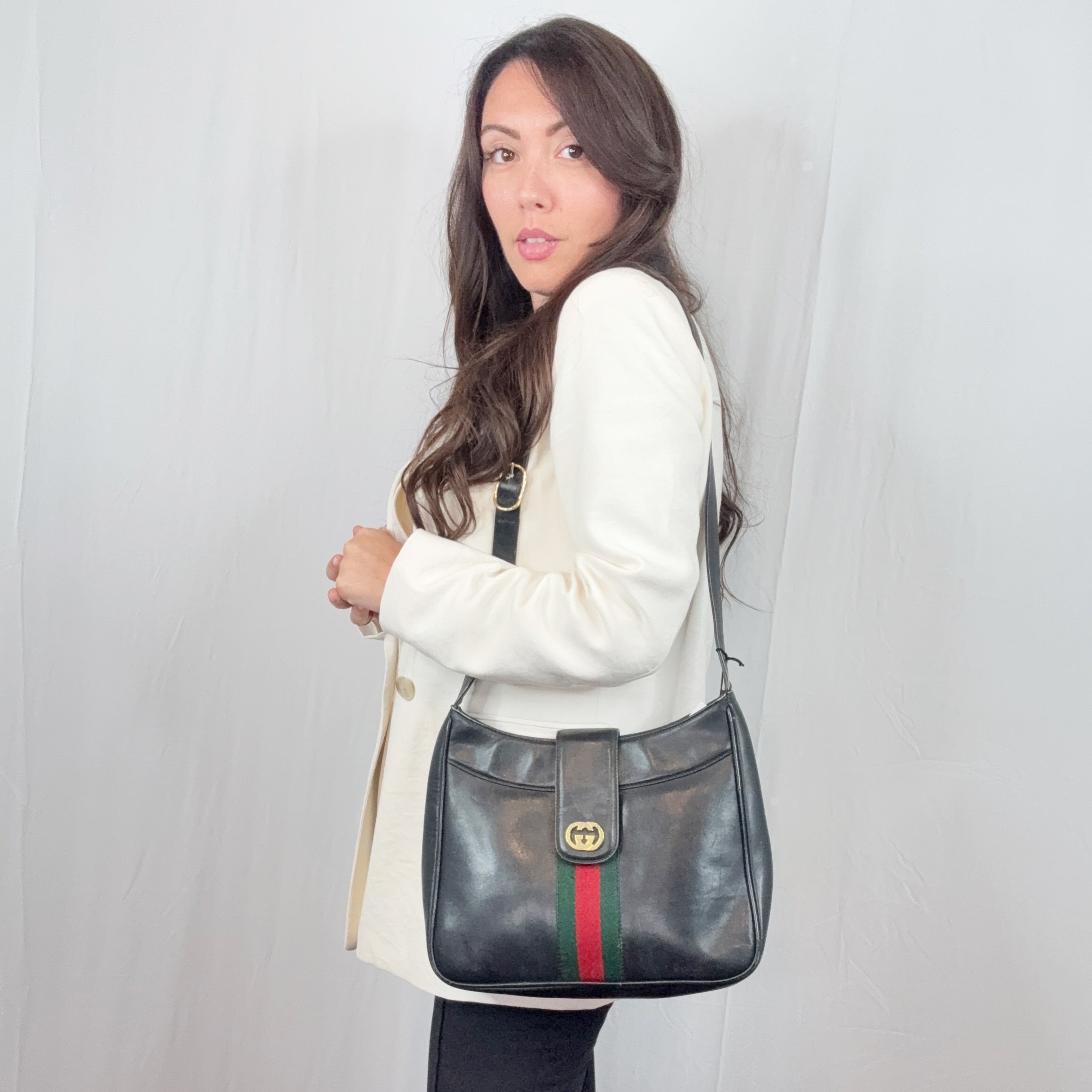 Gucci Vintage Black Leather Web Stripes Logo Shoulder Bag