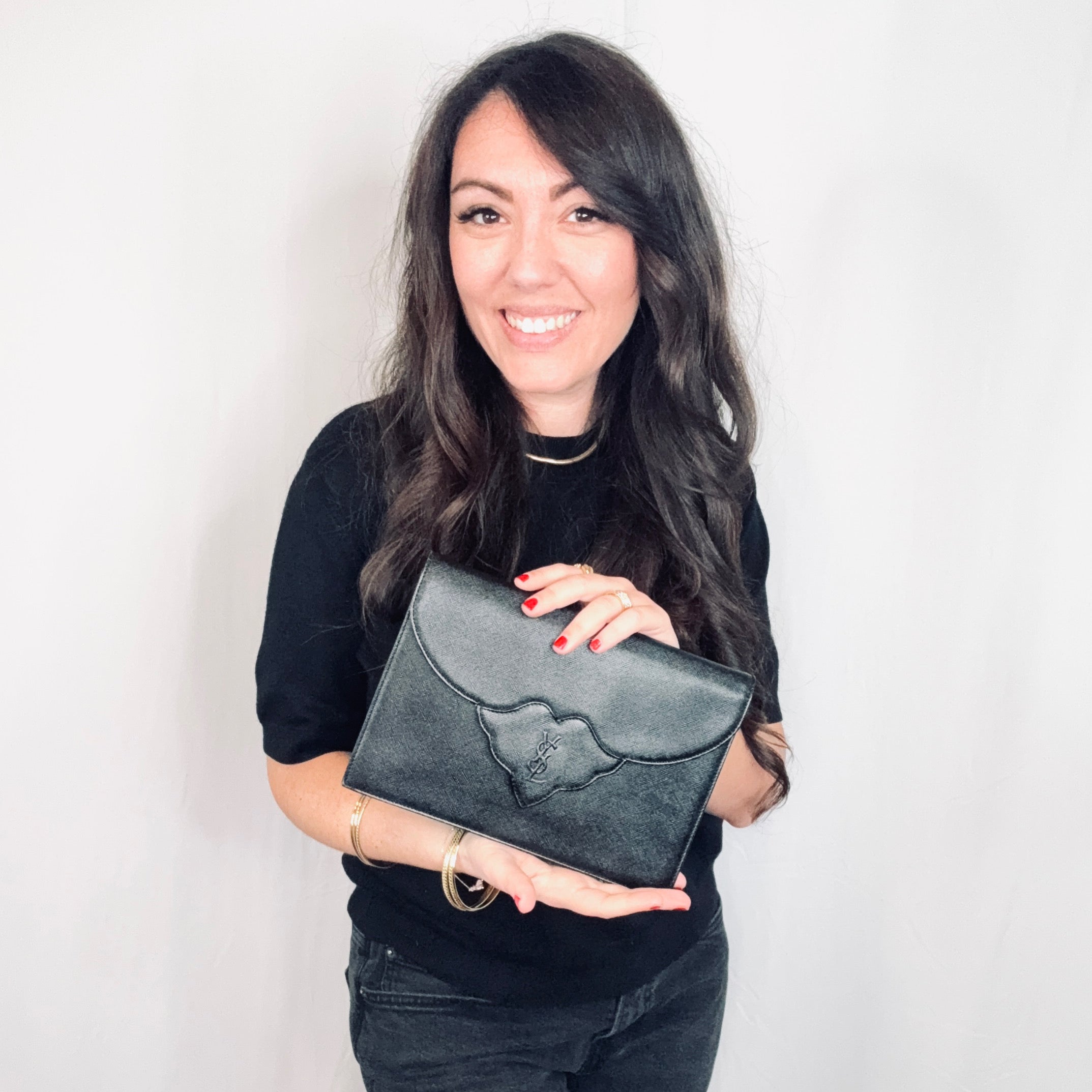 Yves Saint Laurent Vintage Black Leather YSL Logo Flap Clutch Purse