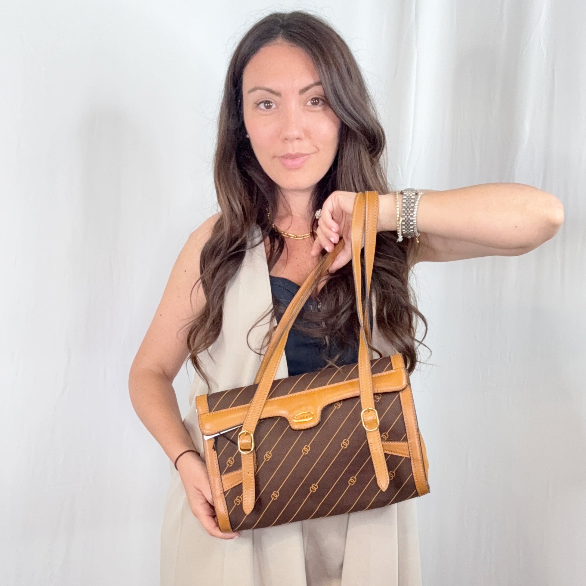 Gucci Vintage Brown Logo Canvas GG Tan Leather Shoulder Bag
