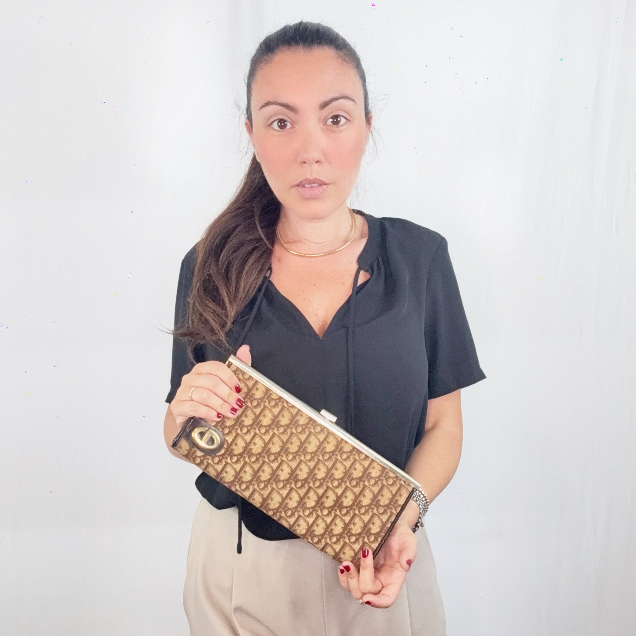 Christian Dior Vintage Brown Logo Oblique Canvas Clutch Purse