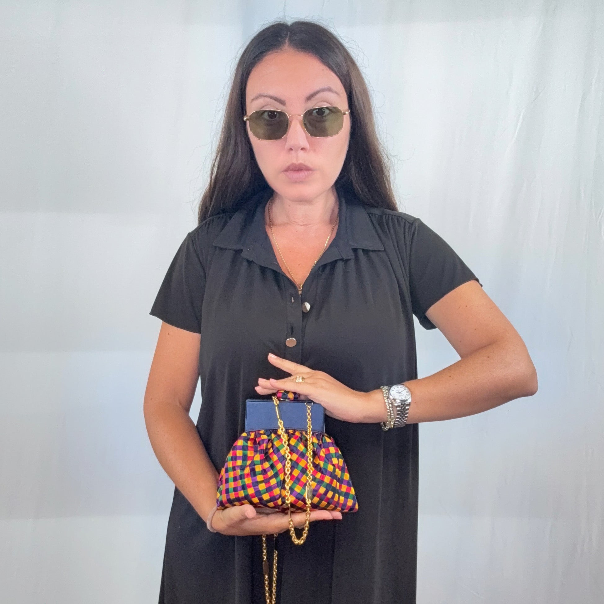 Bottega Veneta Vintage Harlequin Multicolor Woven Satin Shoulder Bag