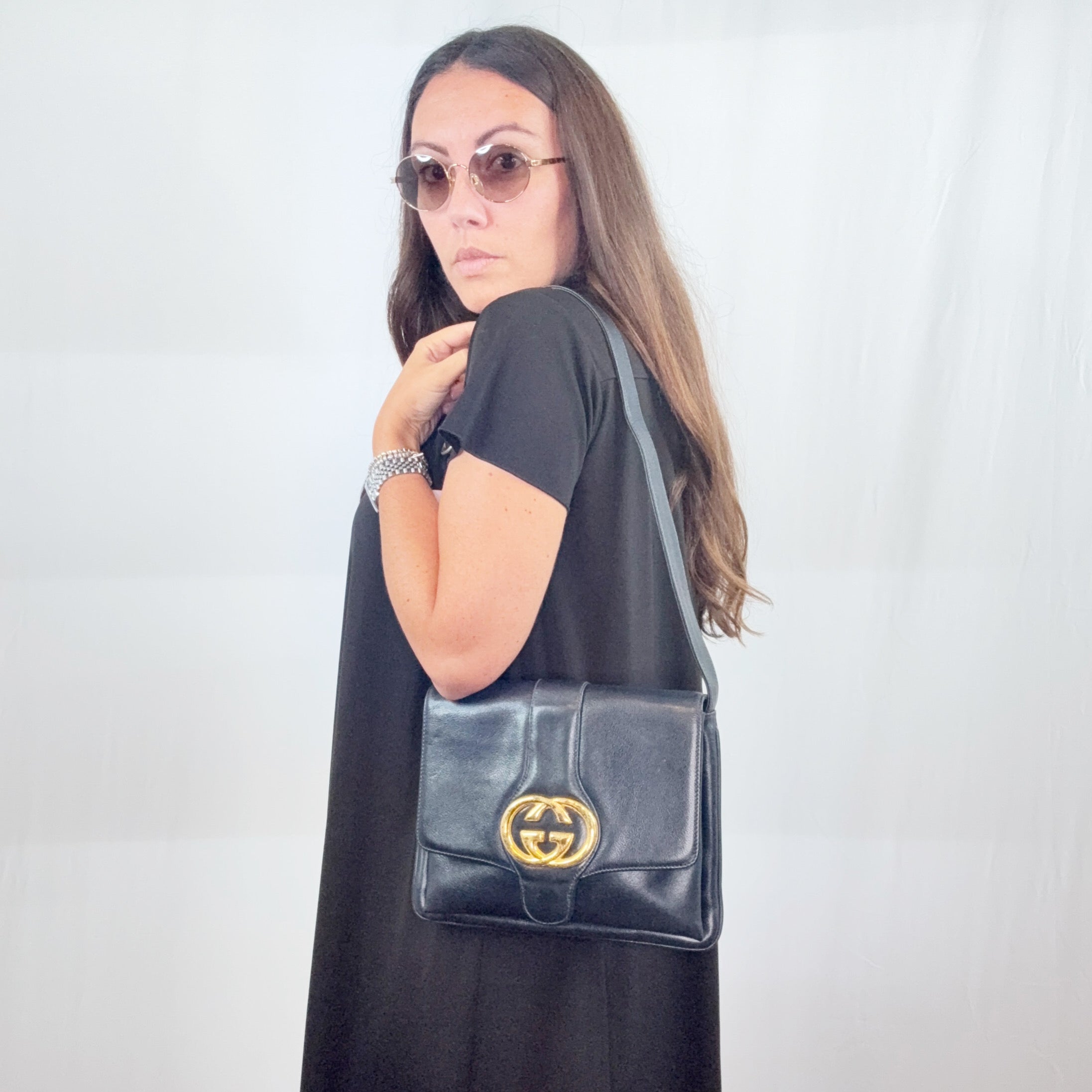 Gucci Vintage Navy Blue Leather GG Logo Flap Shoulder Bag