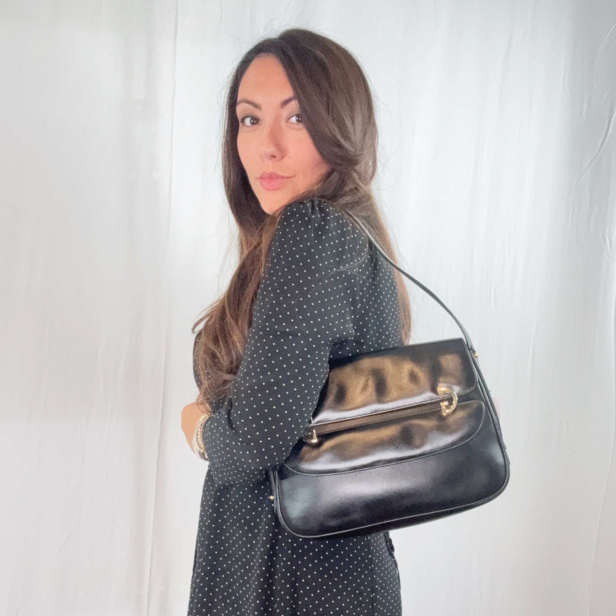 Gucci Vintage Black Leather GG Cut Out Flap Shoulder Bag