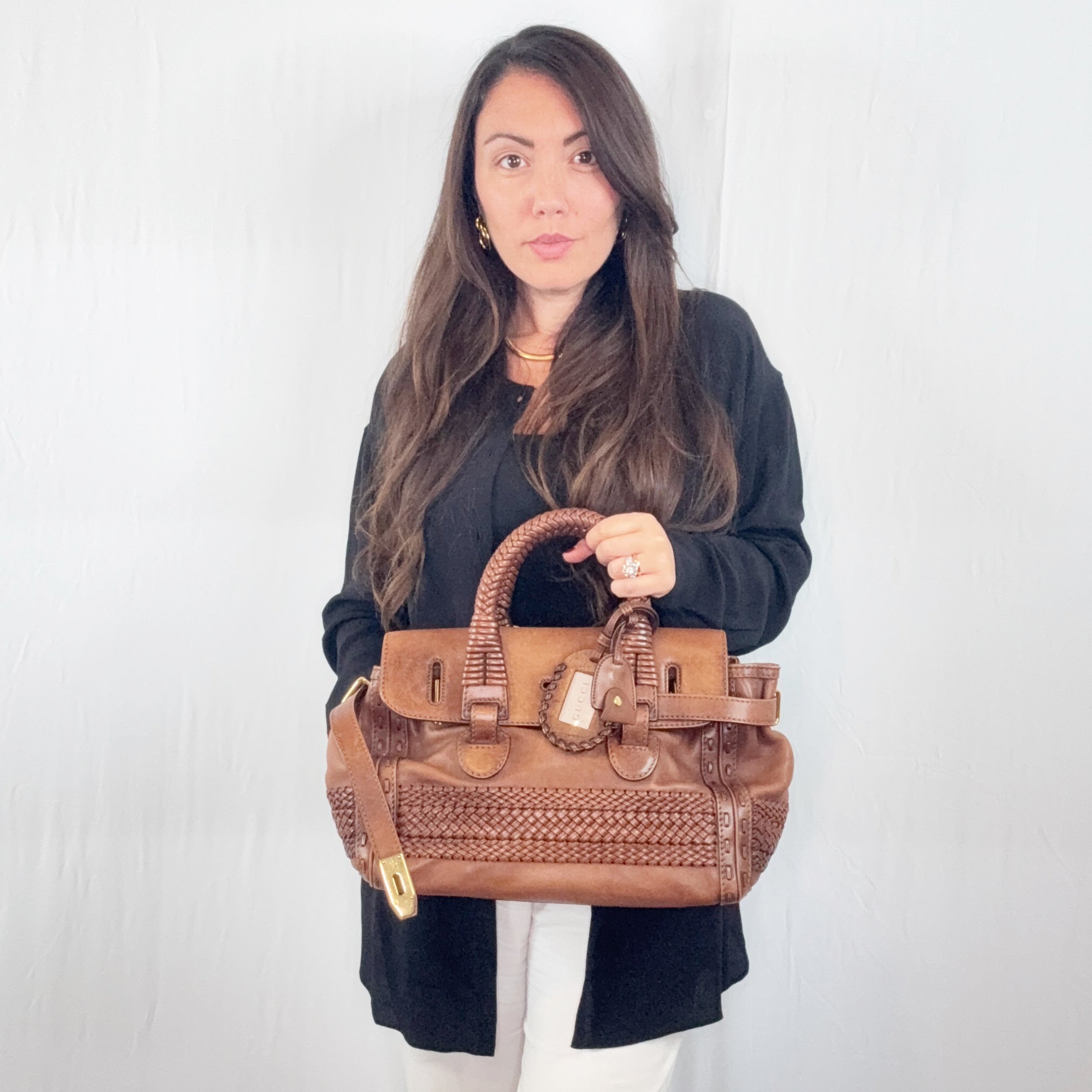 Gucci Brown Leather Handmade Woven Top Handle Bag Satchel