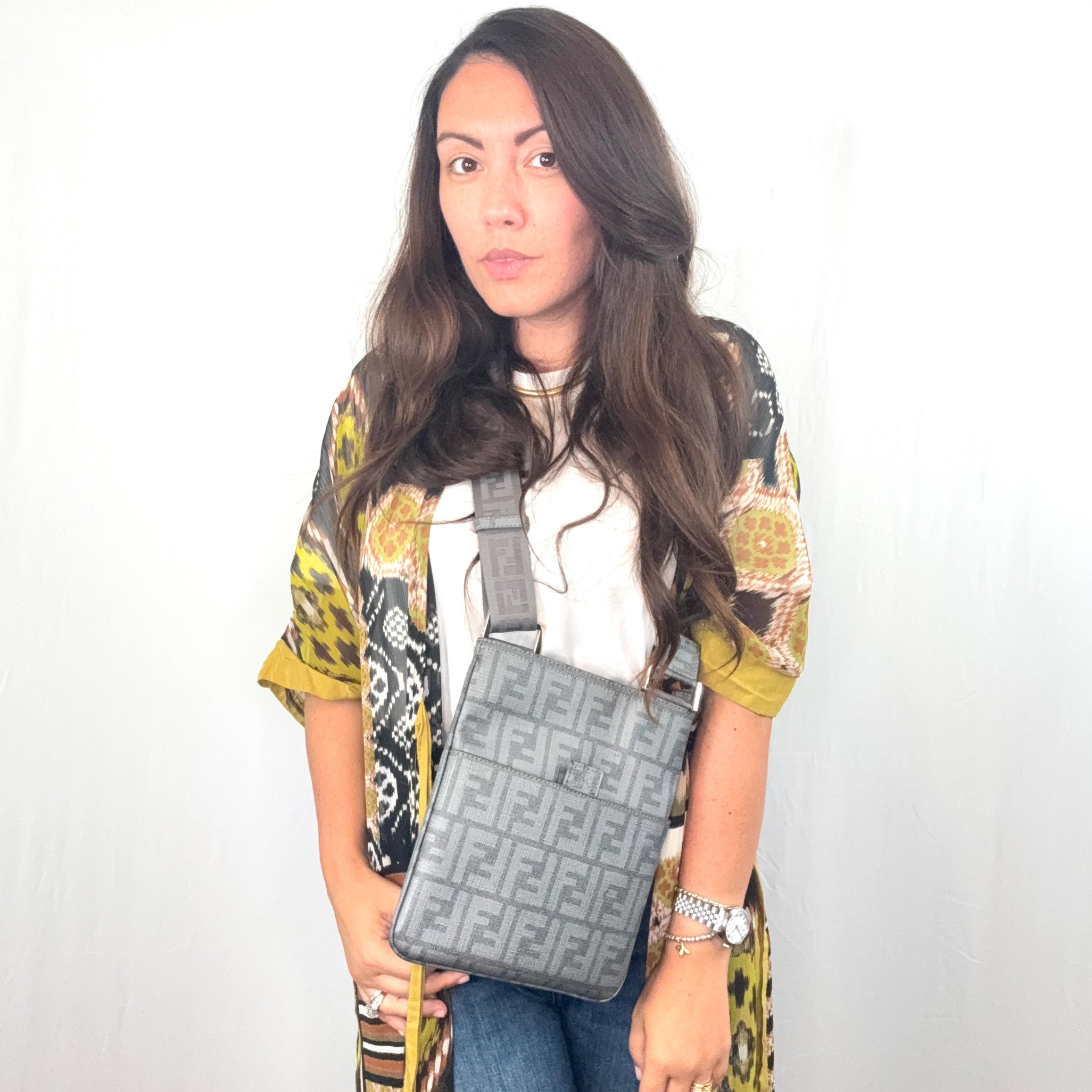 Fendi Grey FF Zucca Canvas Unisex Crossbody Messenger Bag