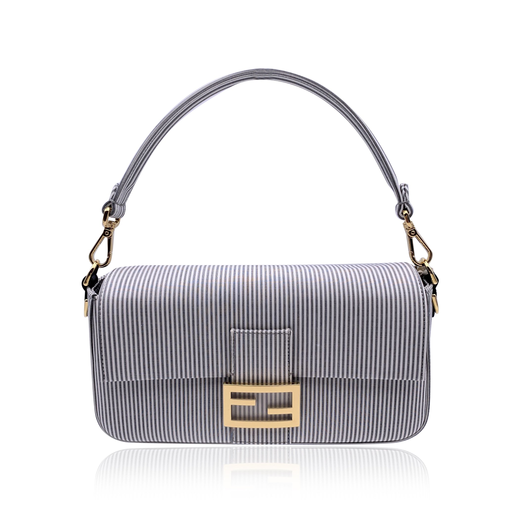 Borsa a tracolla Baguette Fendi in cotone a righe grigio chiaro