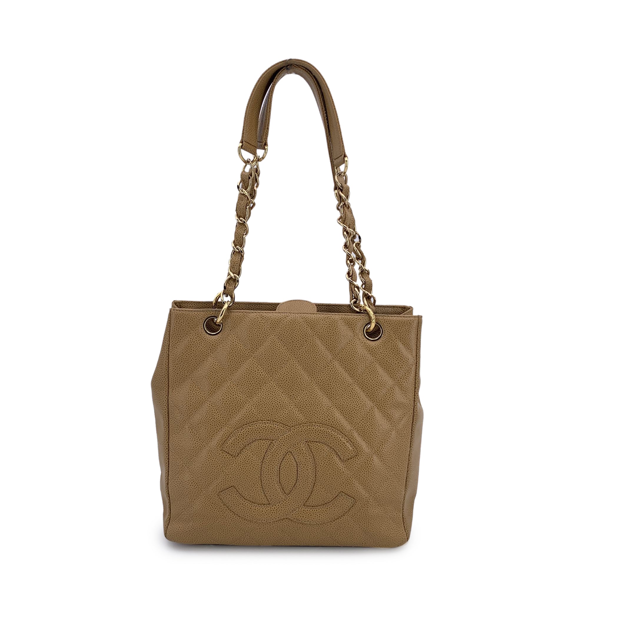 Chanel Beige Quilted Caviar Leather PST Petite Shopping Tote Bag