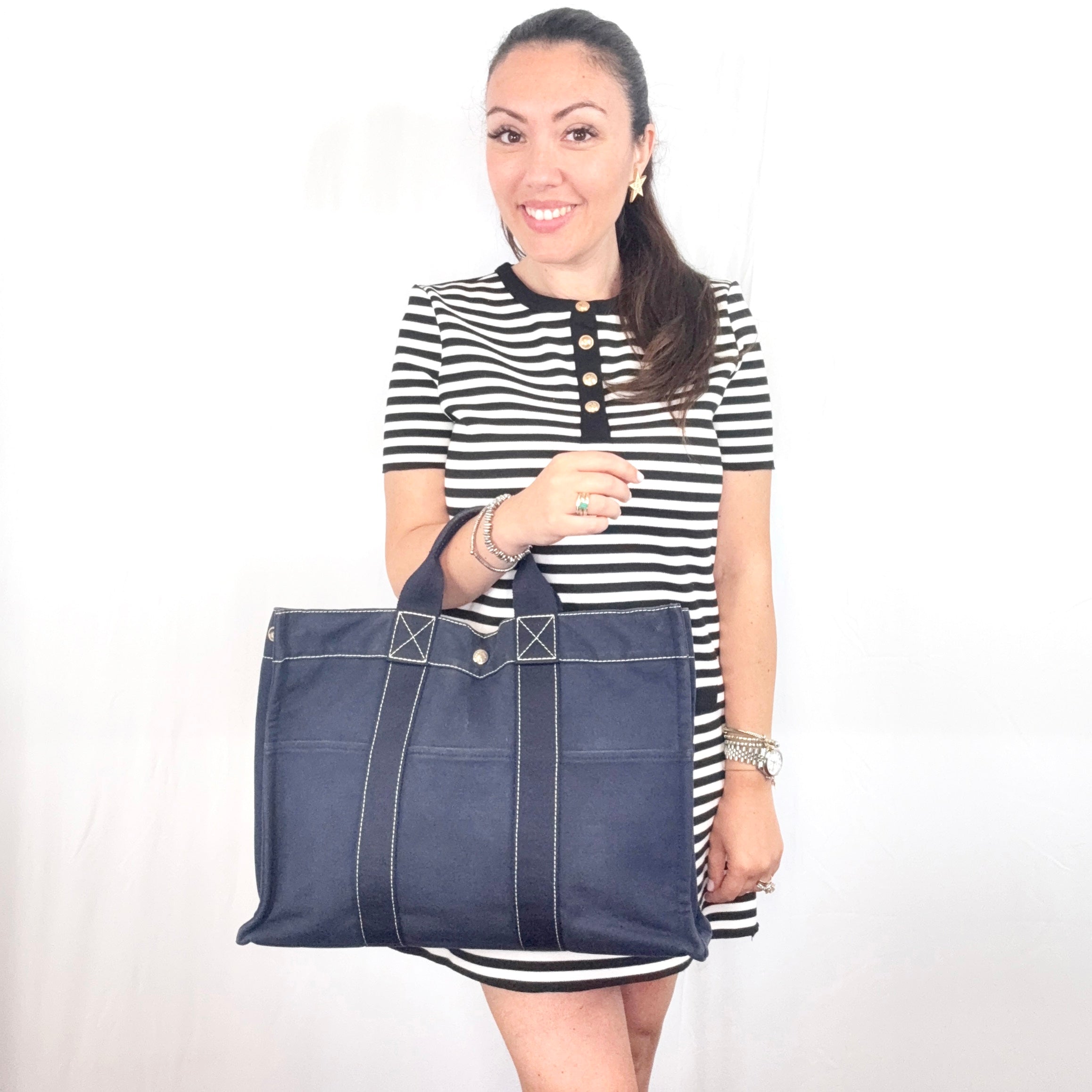 Hermes Paris Vintage Blue Canvas Cotton Fourre Tout MM Bag Tote