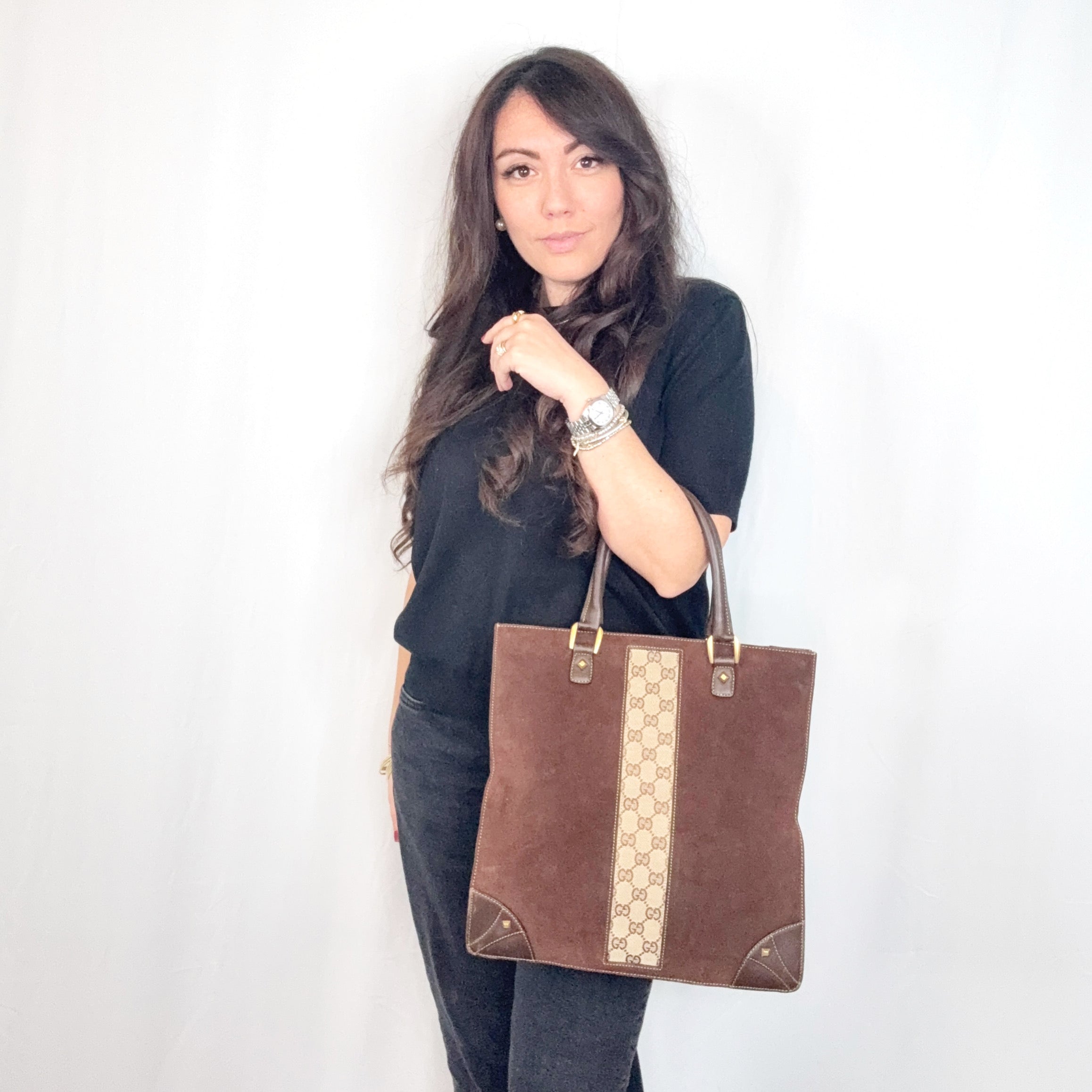 Gucci Brown Suede Monogram Nailhead Tote Bag Handbag