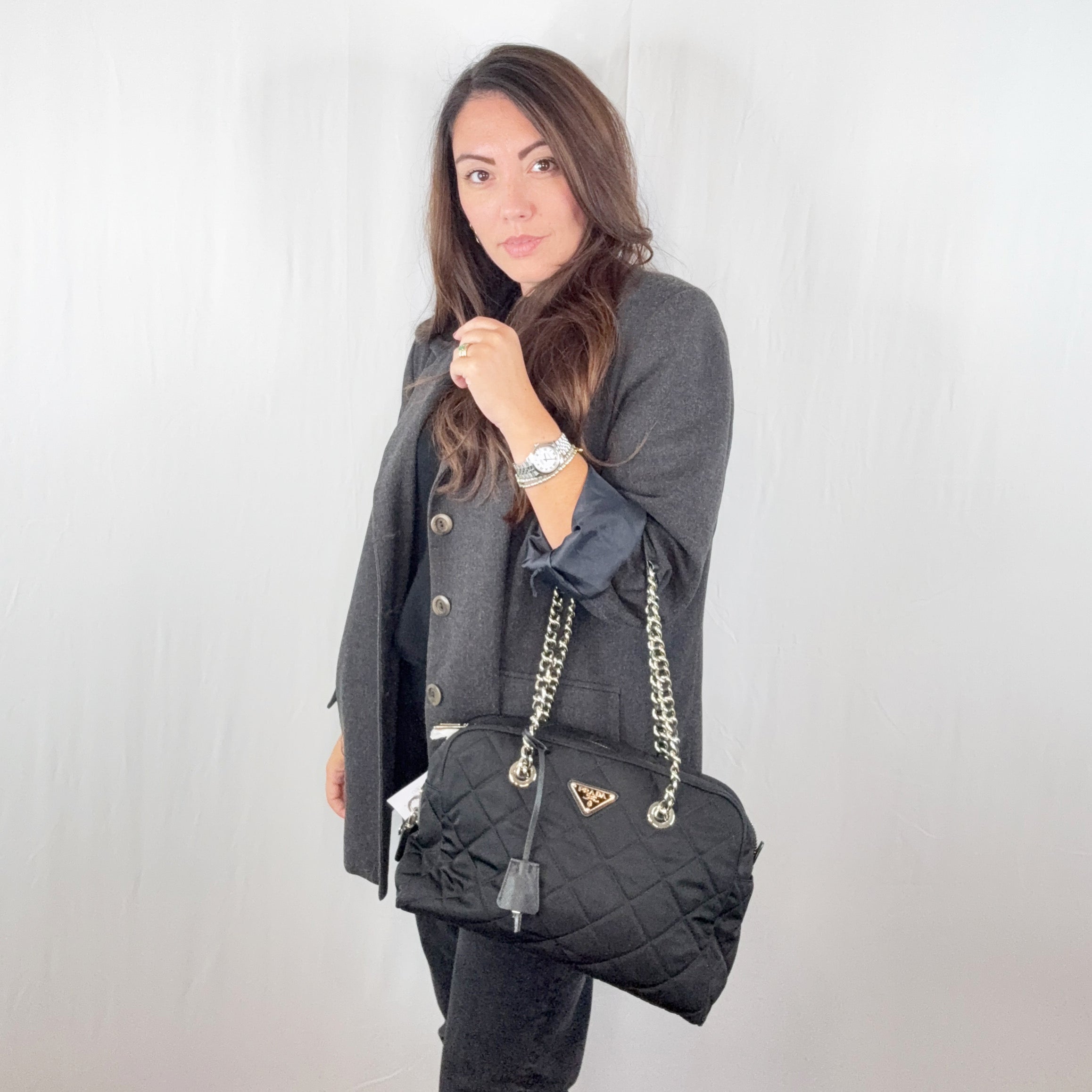 Prada Black Quilted Nylon Fabric Chain Bowling Shoulder Bag