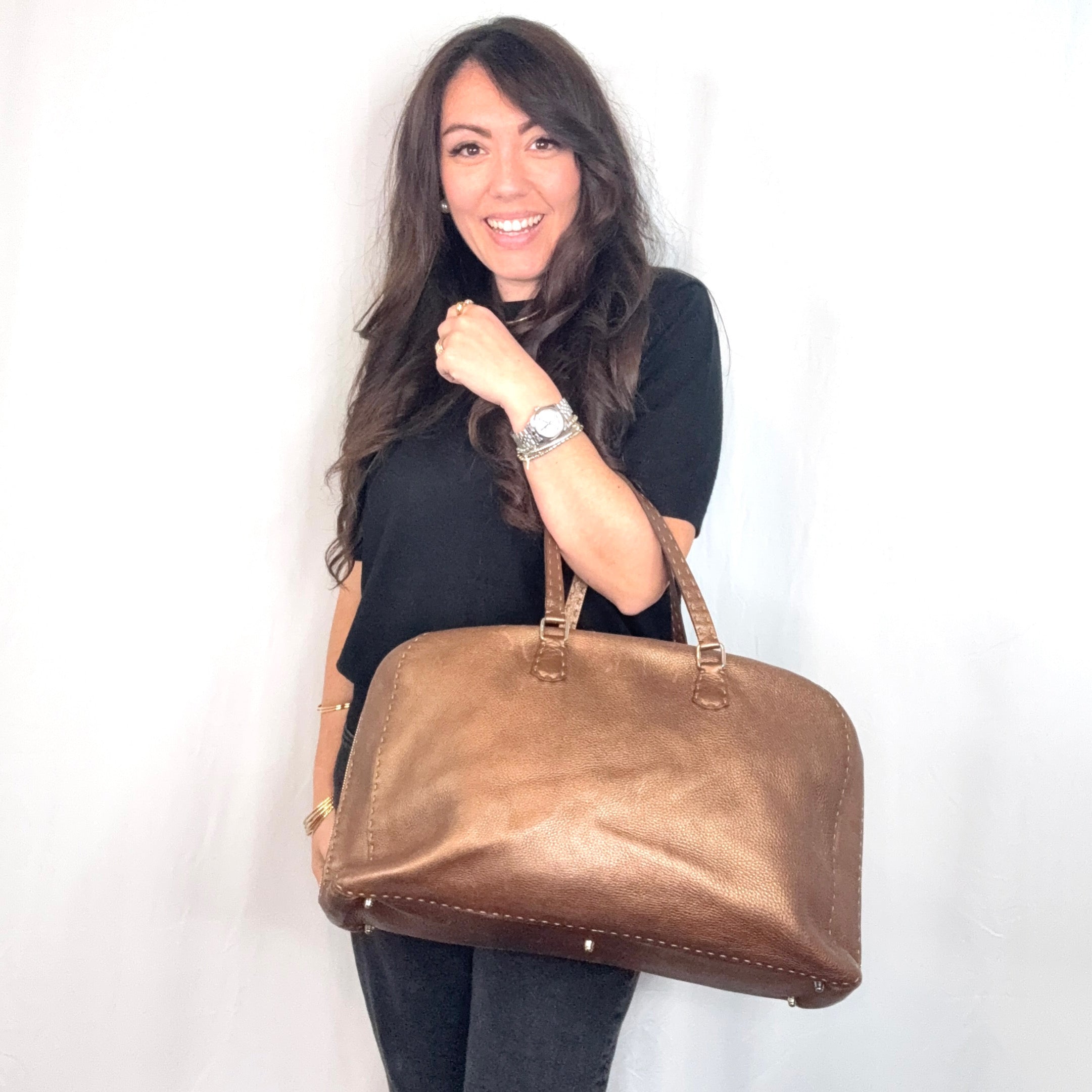 Fendi Selleria Braun Metallic Leder Große Satchel Handtasche Reisetasche