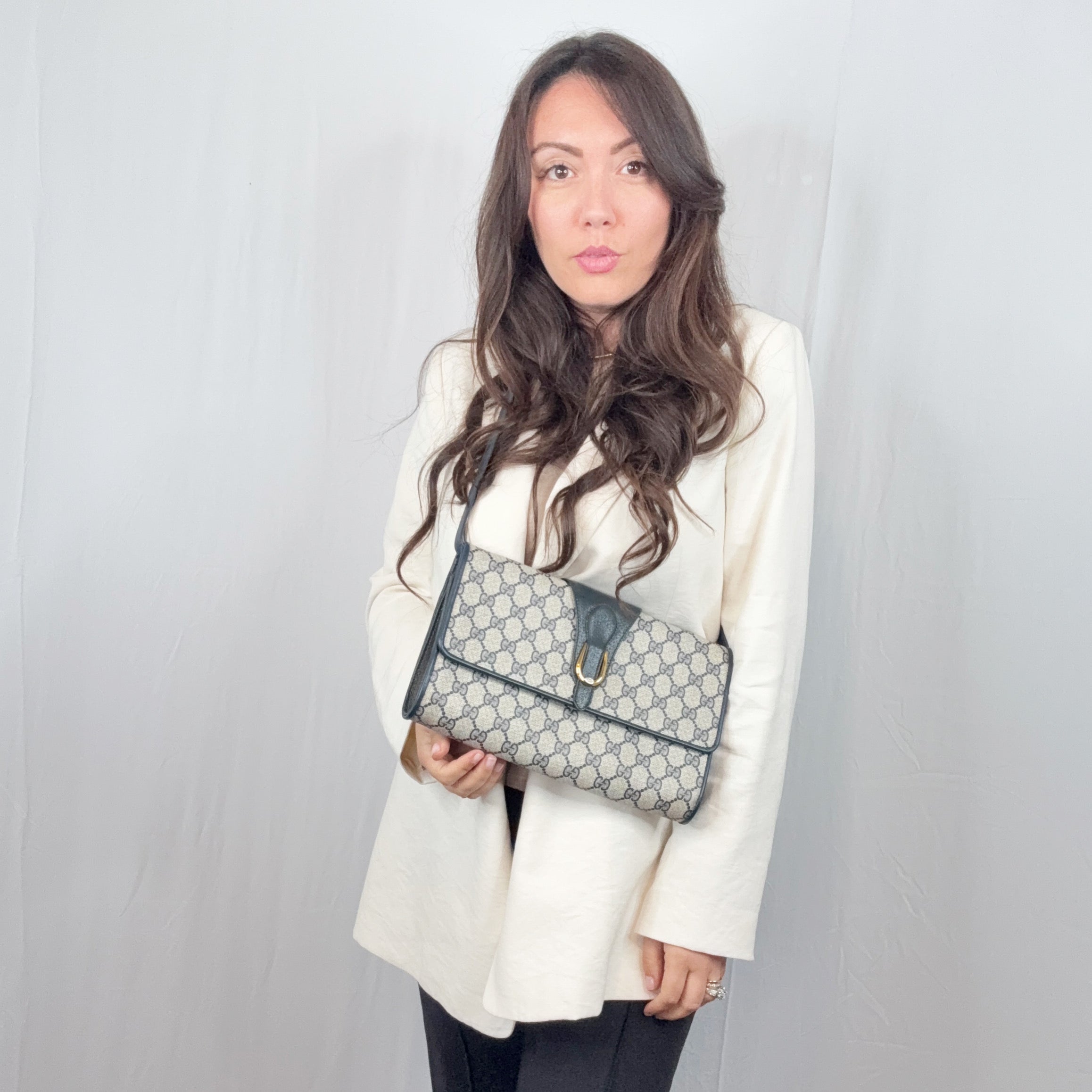 Gucci Vintage Blue Monogram Canvas and Leather Convertible Bag