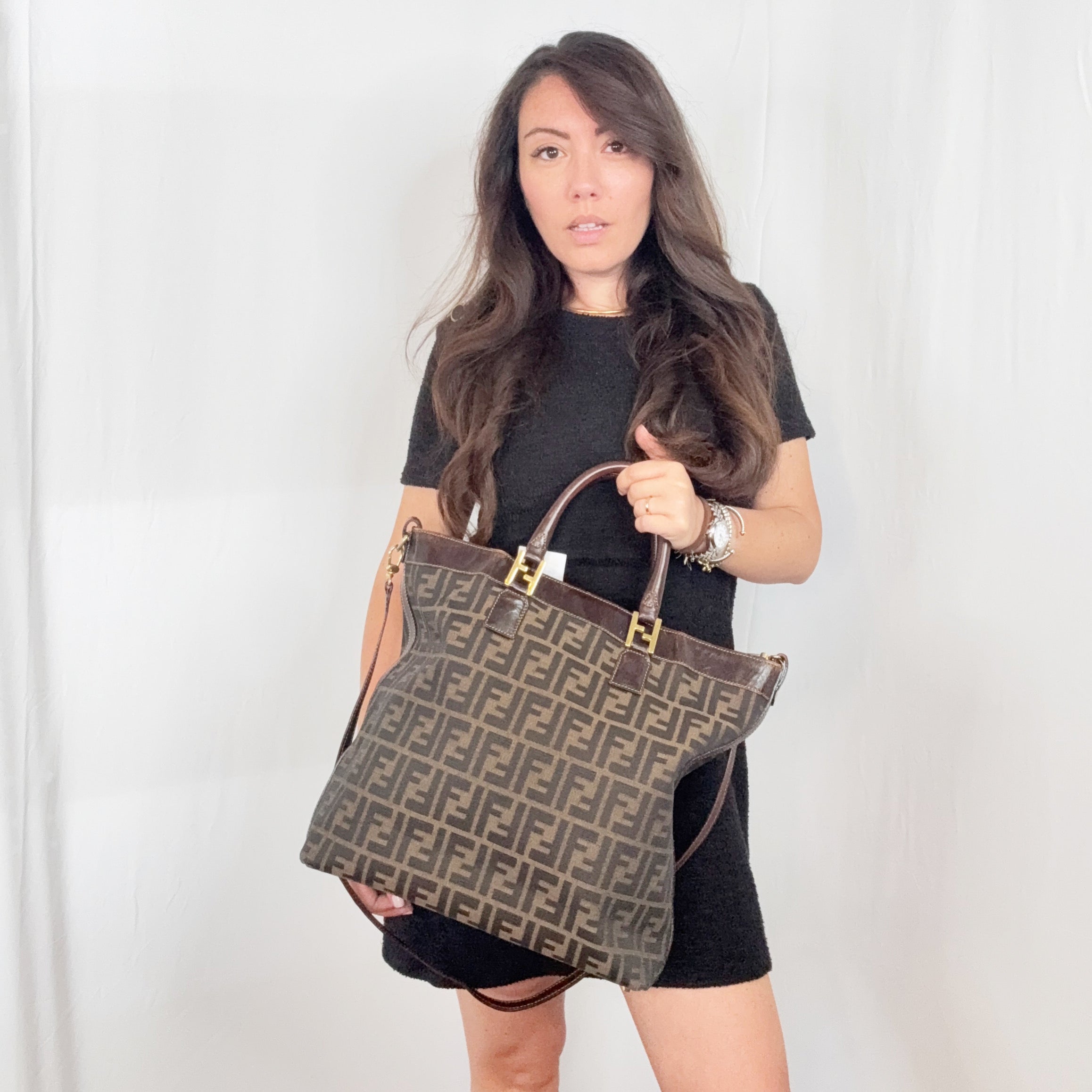 Fendi Vintage Zucca Monogram Canvas Tote Shoulder Bag with Strap