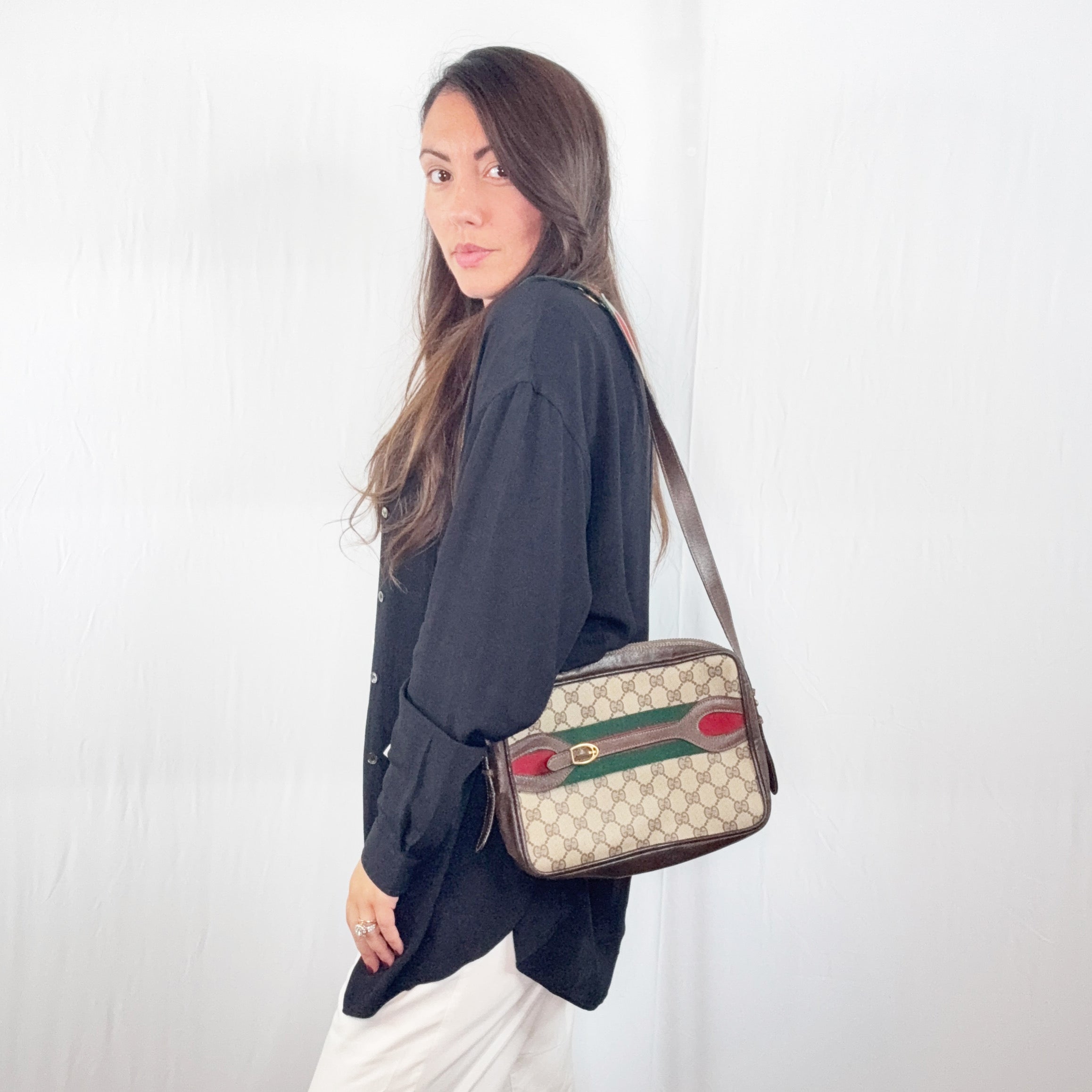Gucci Vintage Brown Monogram Canvas Web Buckle Shoulder Bag