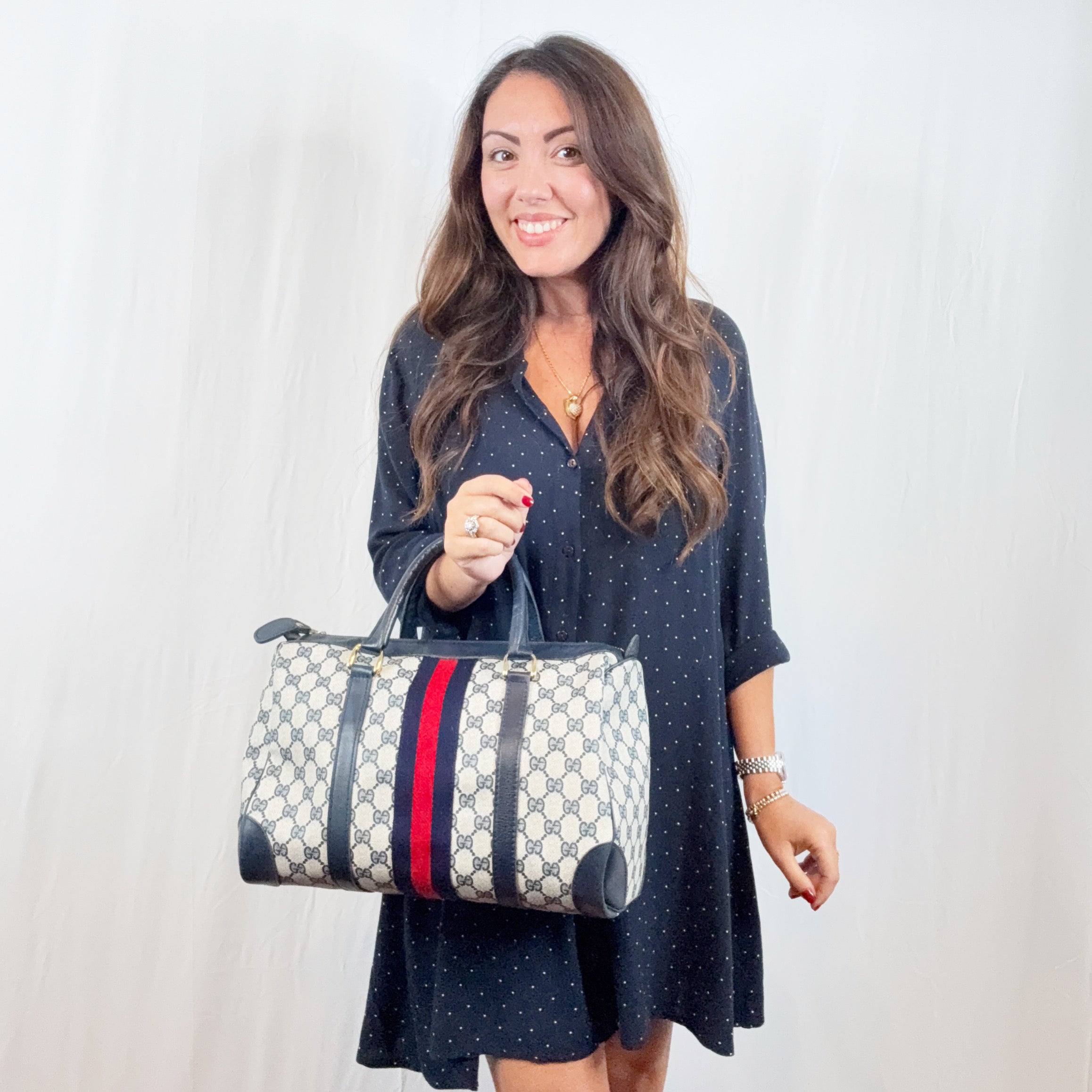 Gucci Vintage Blue Monogram Canvas Leather Small Web Boston Bag