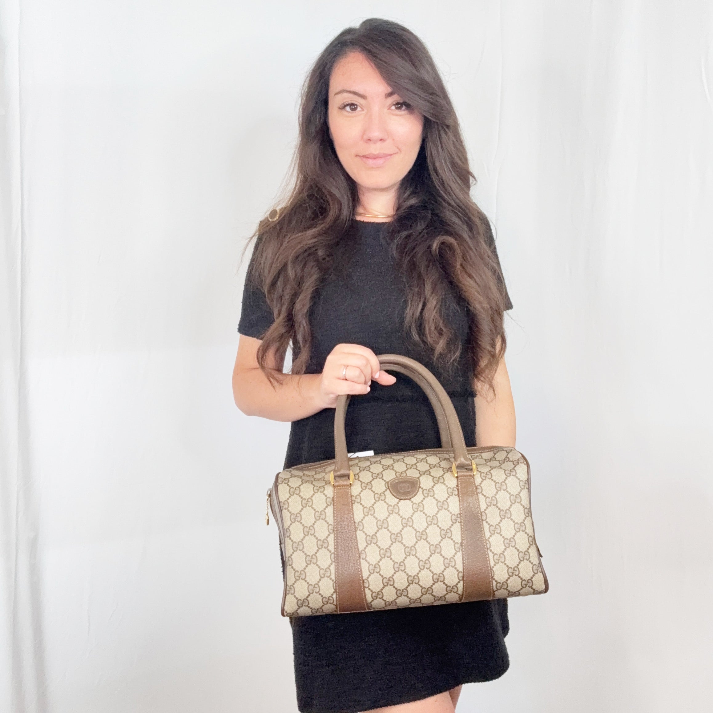 Gucci Vintage Beige Monogram Canvas Leather GG Logo Boston Bag
