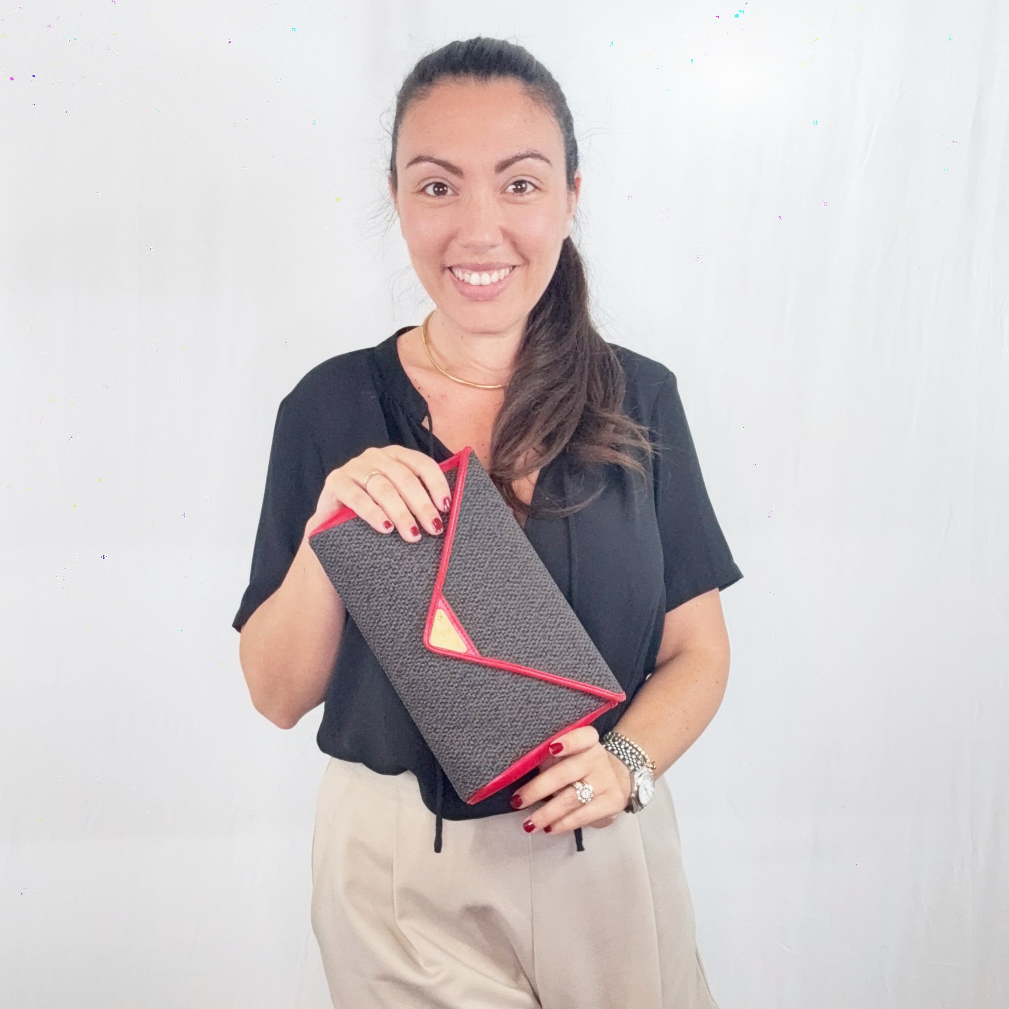 Yves Saint Laurent Vintage Grey Red Textured Canvas Clutch Bag