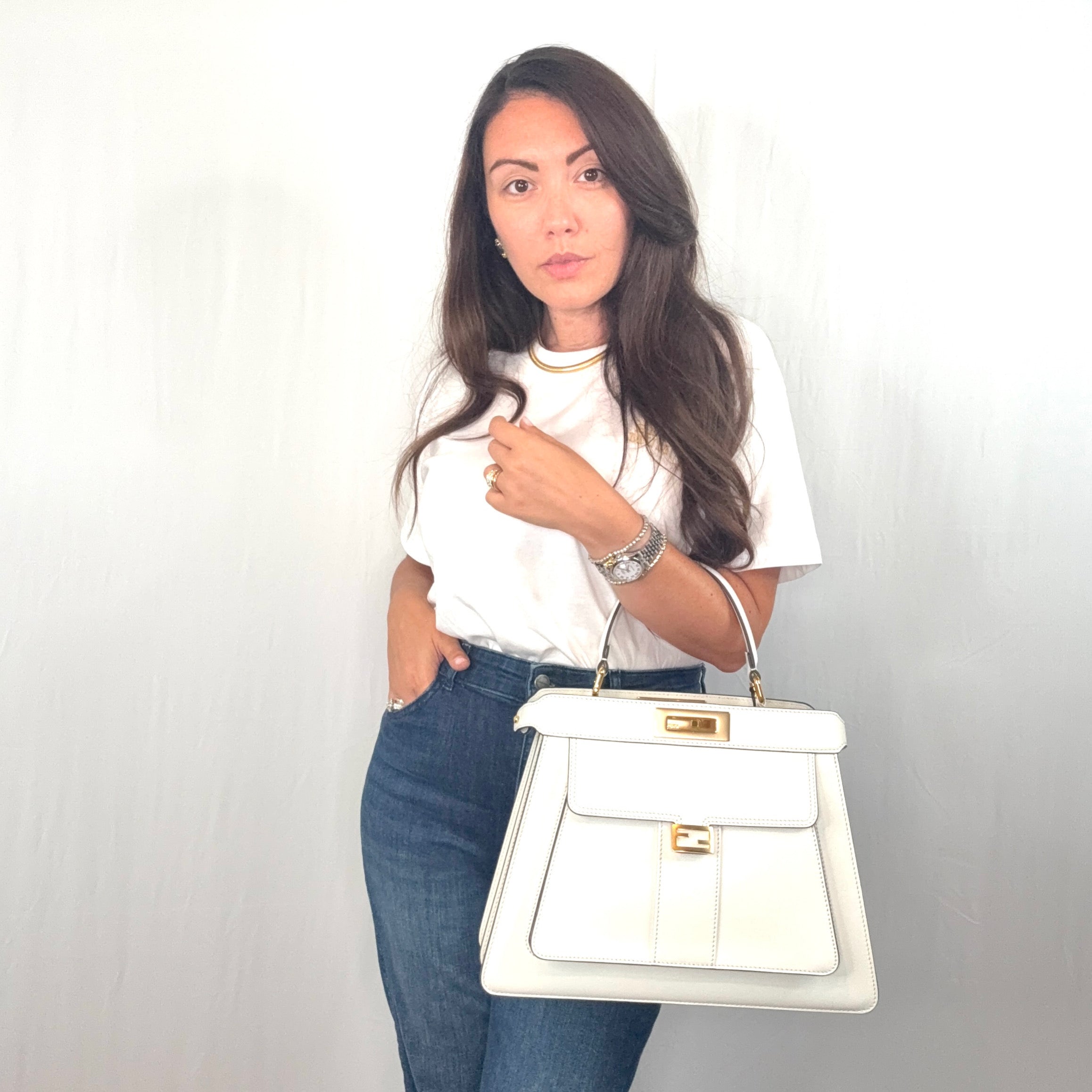 Fendi White Leather Peekaboo ISeeU Medium Top Handle Satchel