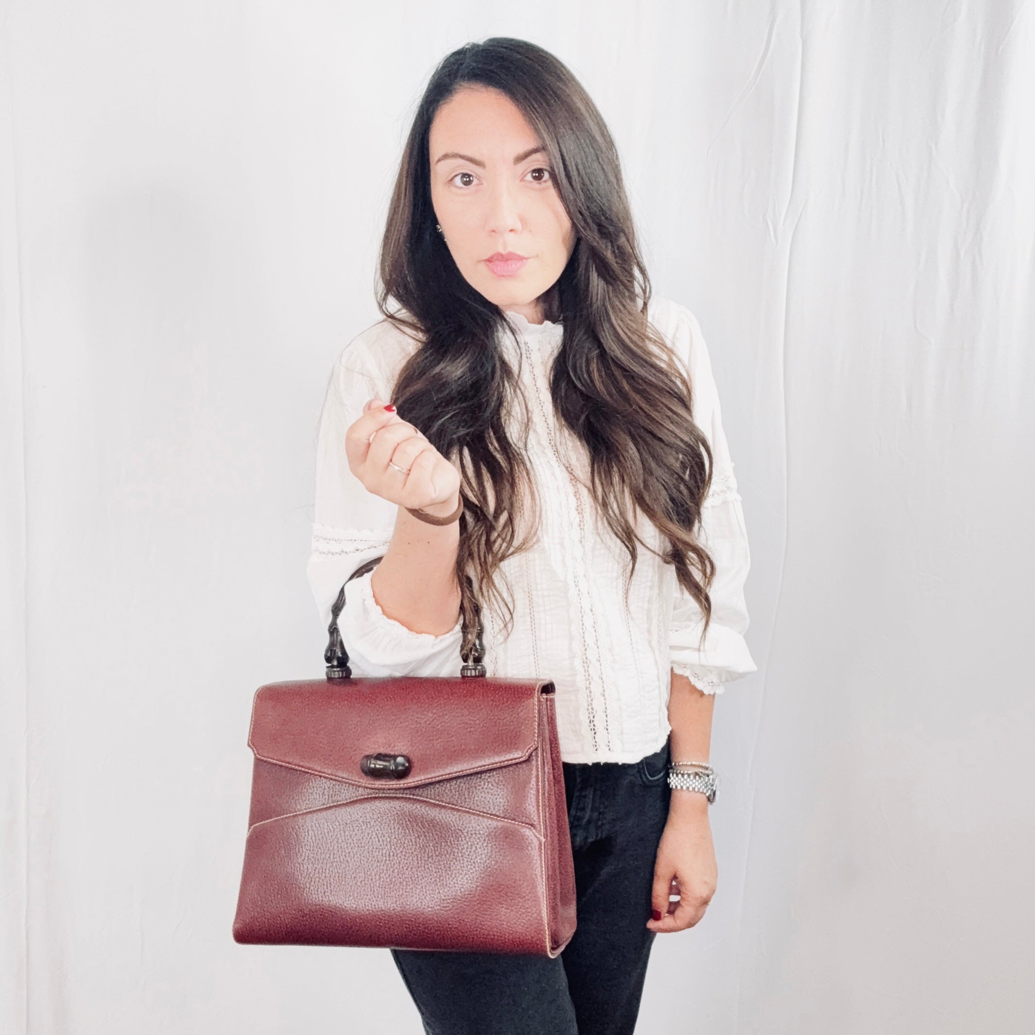Gucci Vintage Reddish Brown Burgundy Leather Top Wood Handle Bag