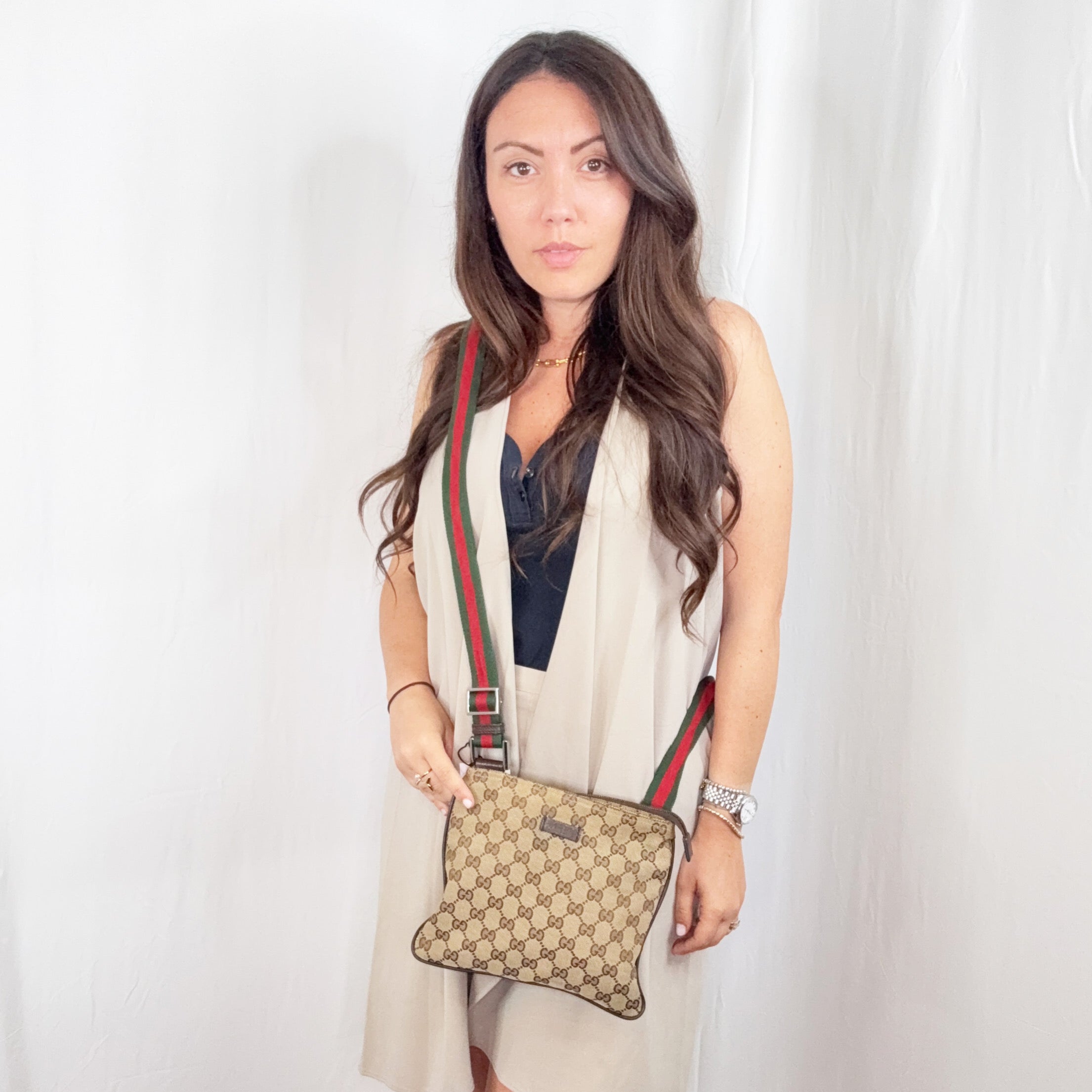 Gucci Beige Monogram GG Canvas Messenger Bag Web Strap