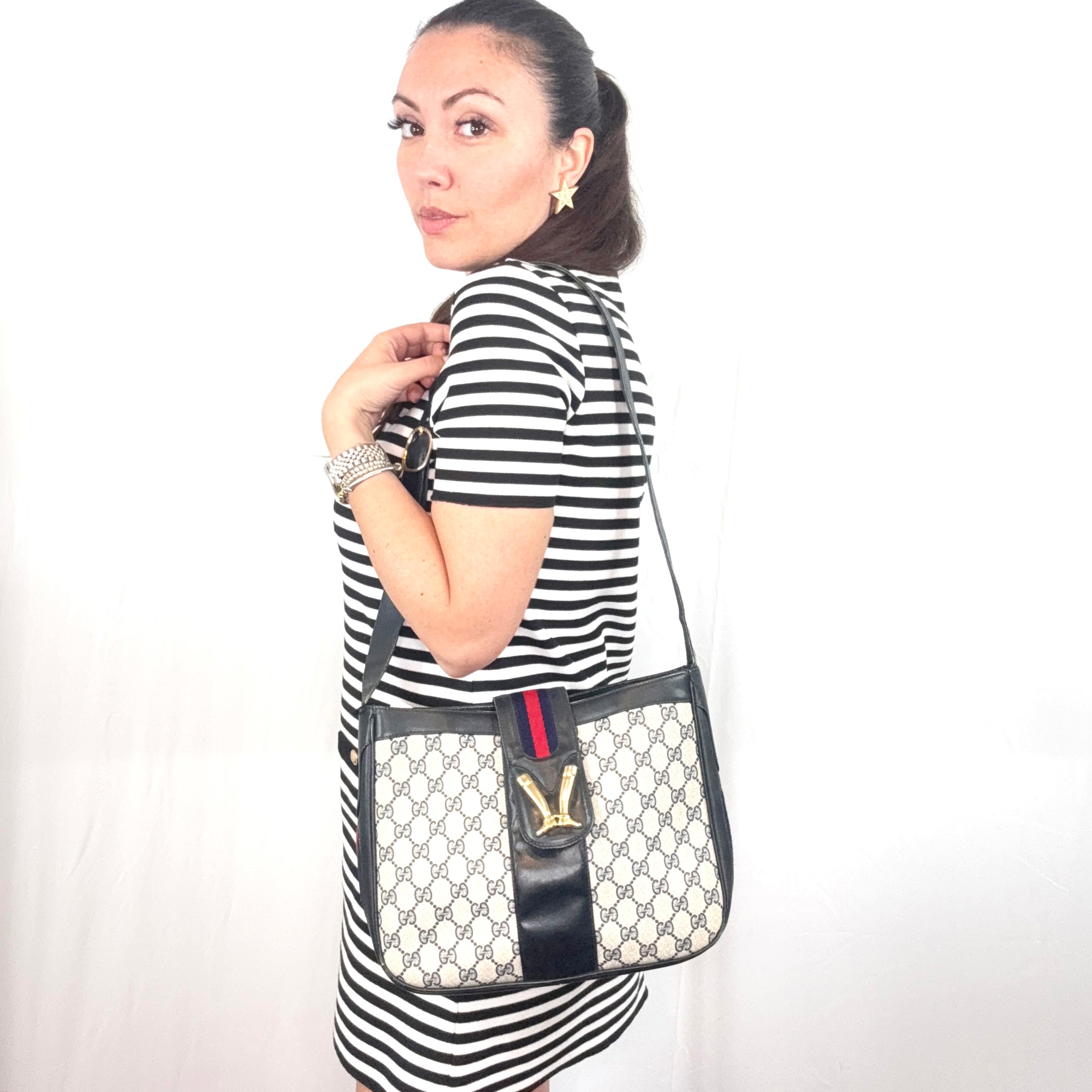 Gucci Vintage Navy Blue Monogram Canvas Shoulder Bag Tote