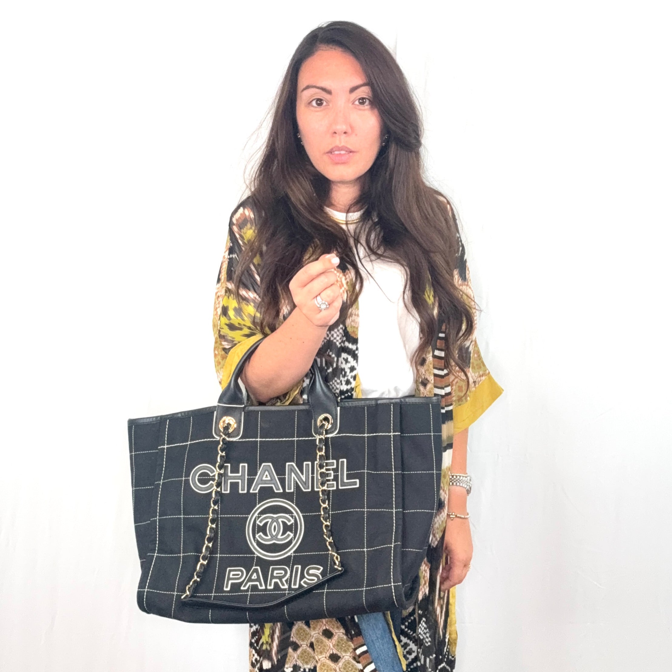Chanel Black Cotton Square Stitching Deauville Tote Shoulder Bag