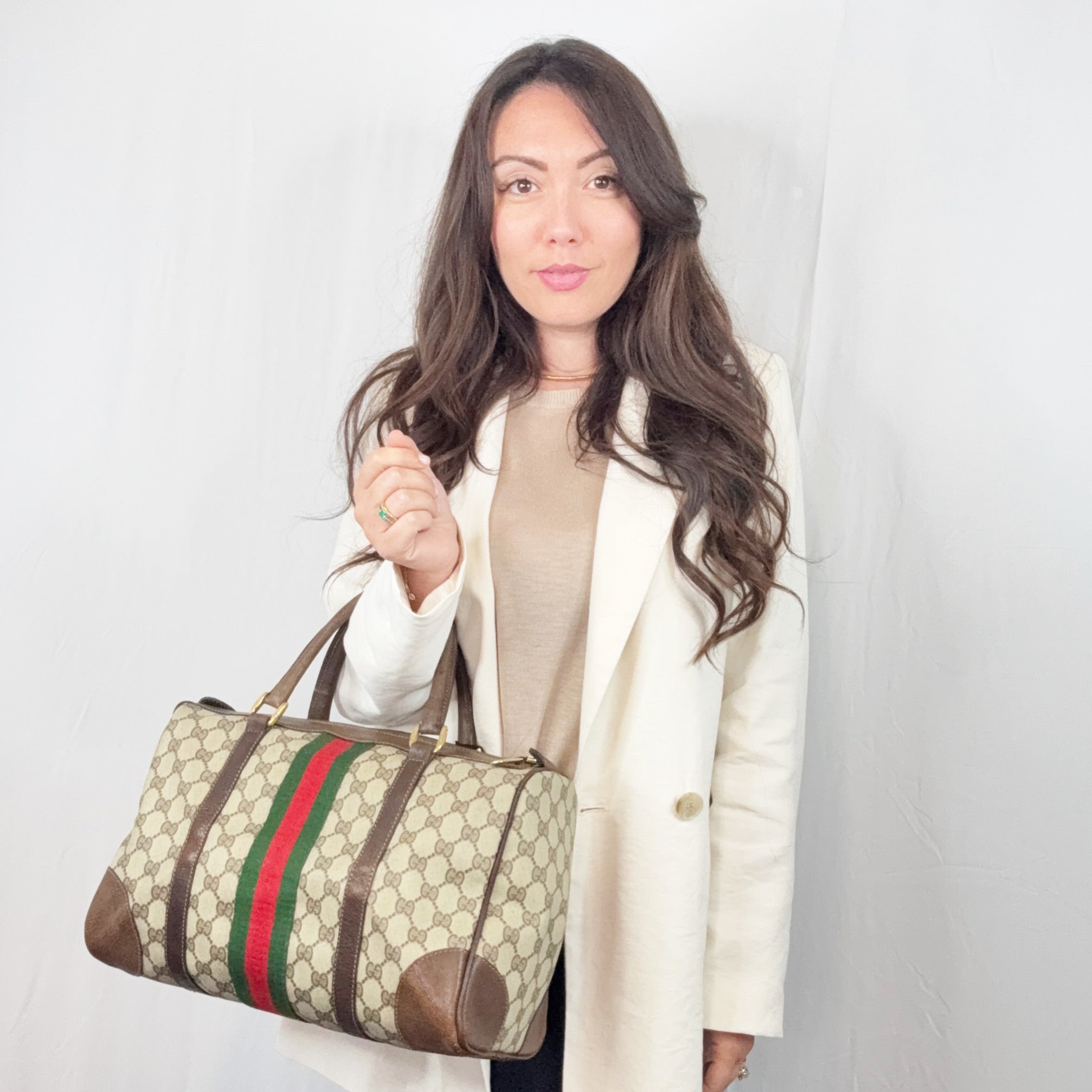 Gucci Vintage Brown Canvas and Leather Monogram Web Boston Bag
