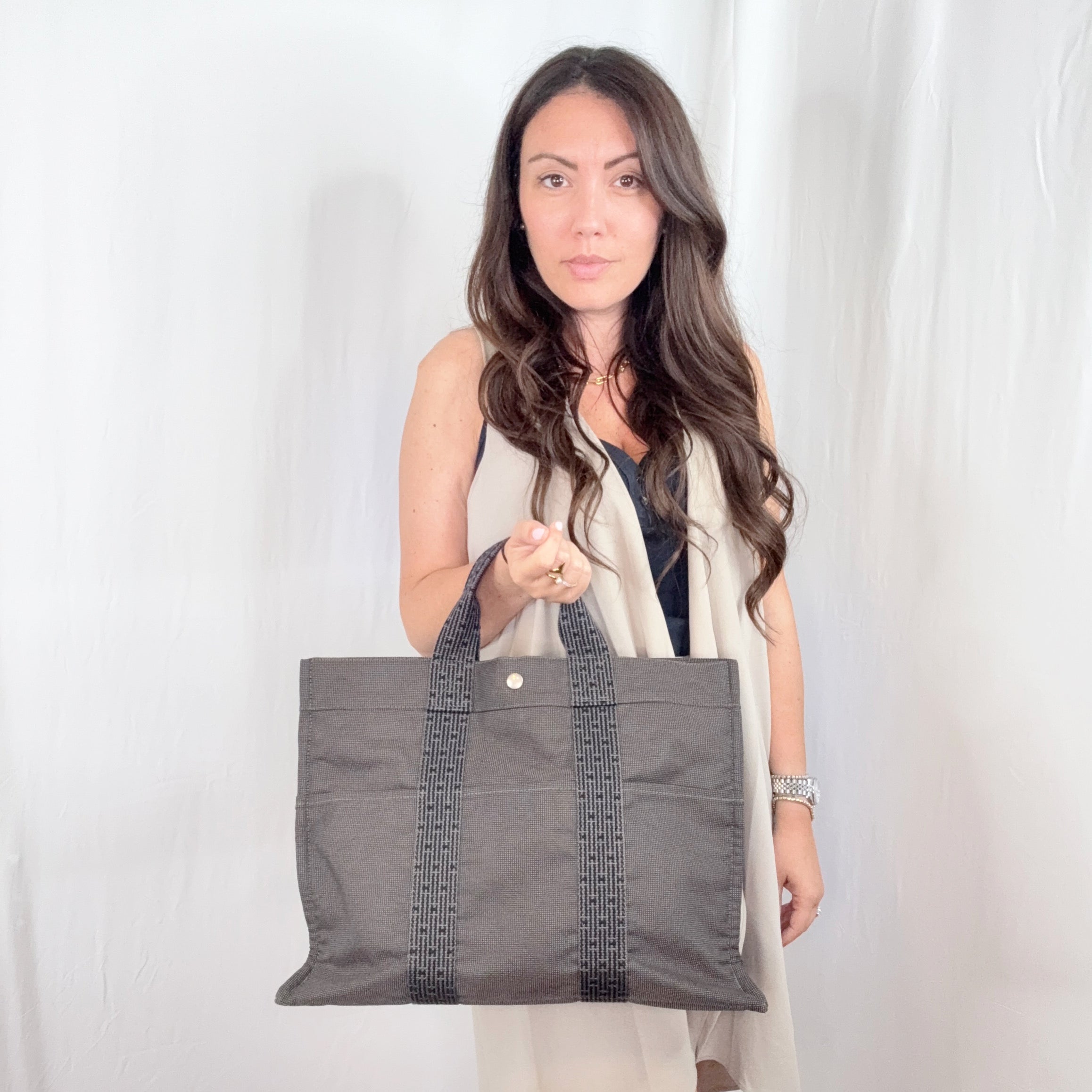 Hermes Paris Grey Canvas Her Line Herline MM Yale Tote Bag