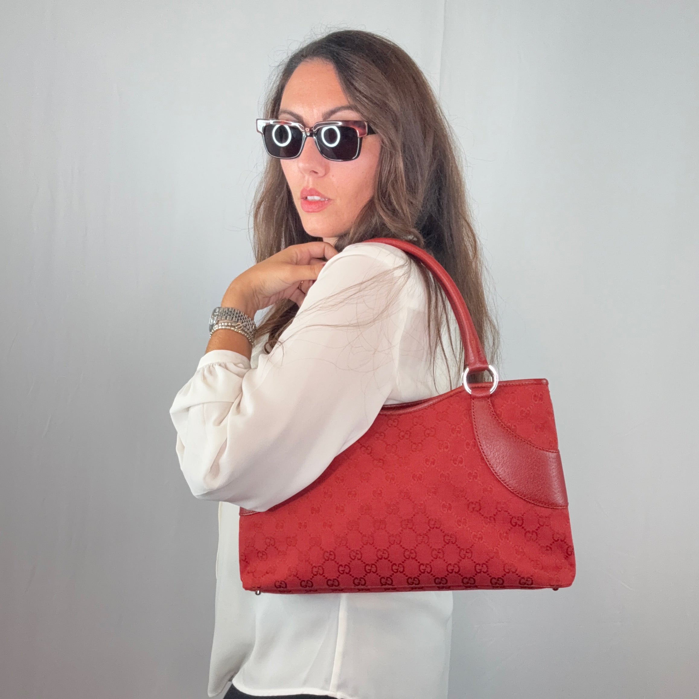 Gucci Red Monogram Canvas Tote Schultertasche Handtasche