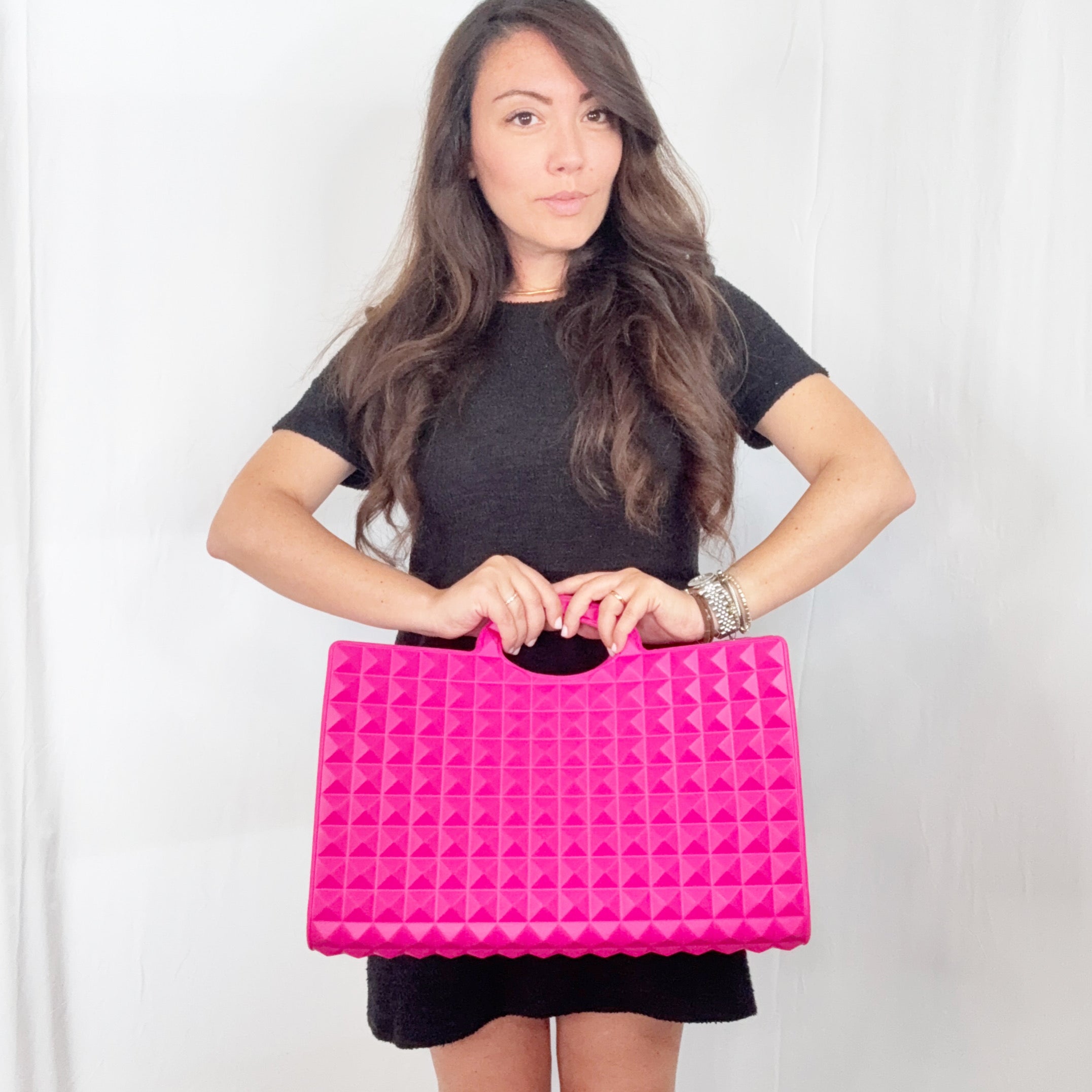 Valentino Garavani Fuchsia Rubber Le Troisieme Tote Handbag Bag