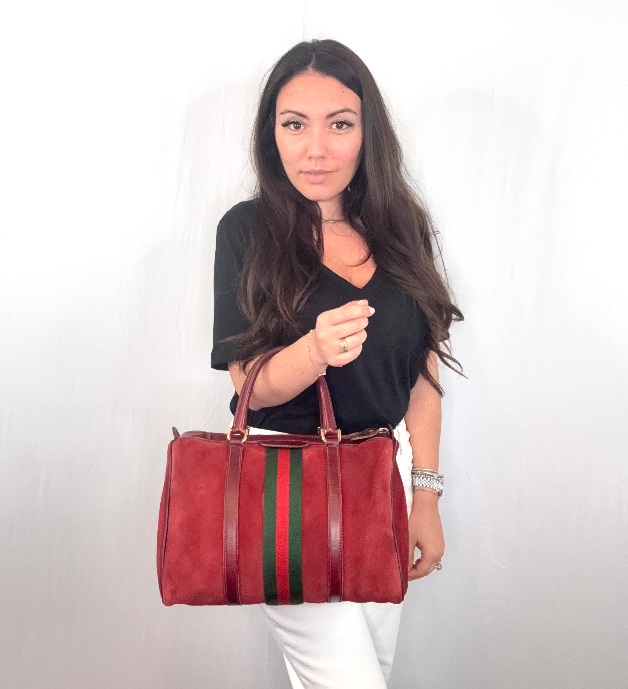 Gucci Vintage Burgundy Suede Web Stripes Boston Bag Handbag
